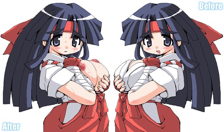 aoyama_momoko before_and_after black_hair blush eyebrows_visible_through_hair female hakama headband hirowa_nagi huge_breasts miko open_mouth solo valkyrie_the_power_beauties white_background