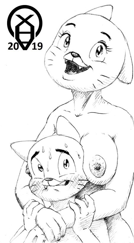 2019 3_fingers anthro biting_lip blush breasts cartoon_network domestic_cat duo felid feline felis female gumball_watterson male male/female mammal medium_breasts monochrome mother mother_and_son nicole_watterson nipples open_mouth parent simple_background son sweat teeth the_amazing_world_of_gumball traditional_media_(artwork) whiskers white_background xenahasaclit young