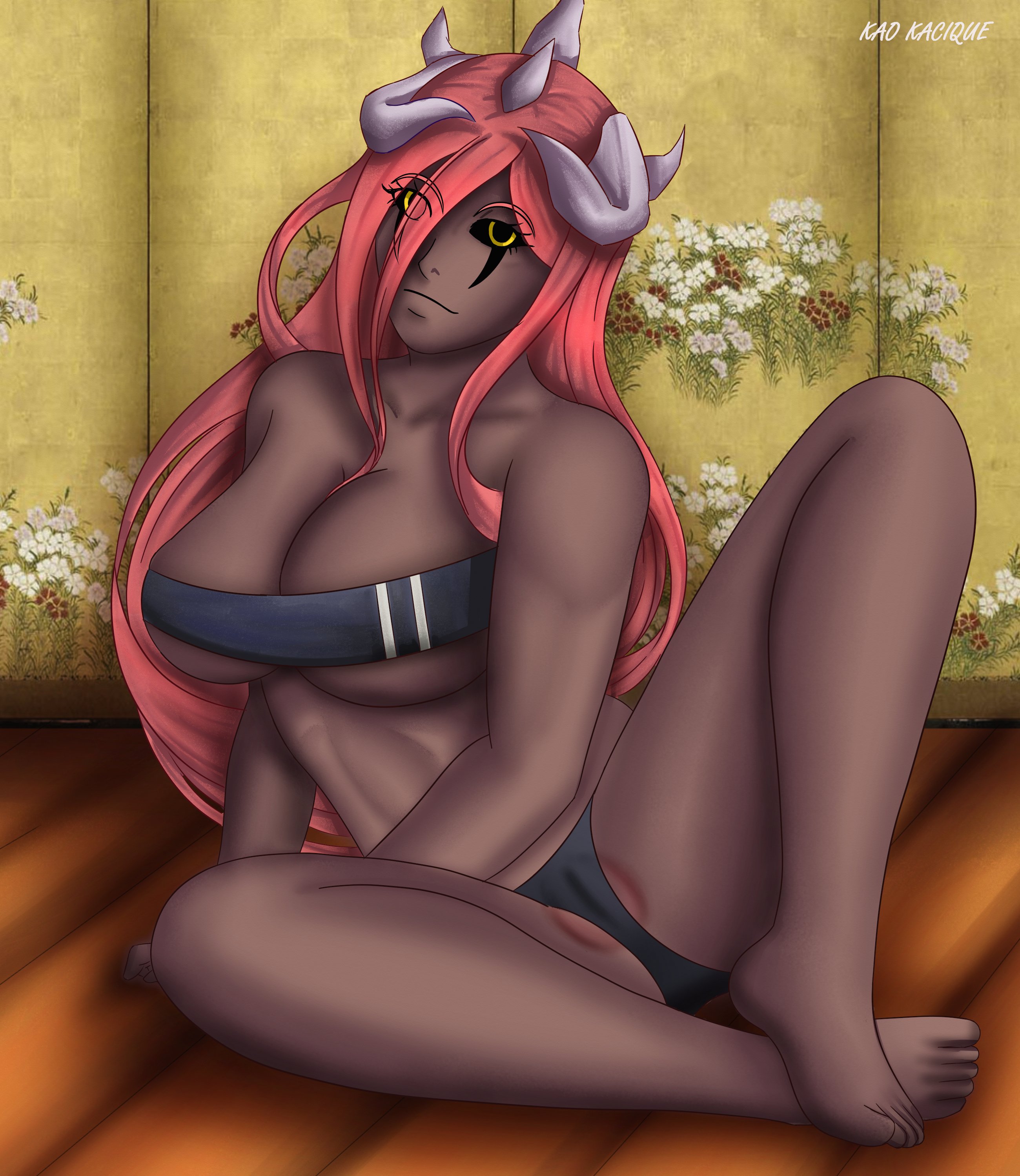 almost naked, alternate hair color, alternate skin color, bare legs, bare shoulders, barefoot, barely clothed, black sclera, brown skin, cameltoe, dark skin, dark-skinned female, demon, demon girl, eyebrows visible through hair, eyes visible through hair, facial markings, feet, female, female focus, hair between eyes, horns, impossible clothes, kao kacique, long hair, looking at viewer, midriff, mostly nude, naruto, naruto (classic), naruto (series), naruto shippuden, panties, partially visible vulva, pink hair, pussy, revealing clothes, second stage curse mark, shiny, shiny hair, shiny skin, sitting, skimpy, skimpy clothes, smile, spread legs, tayuya, toes, transformation, tubetop, yellow eyes