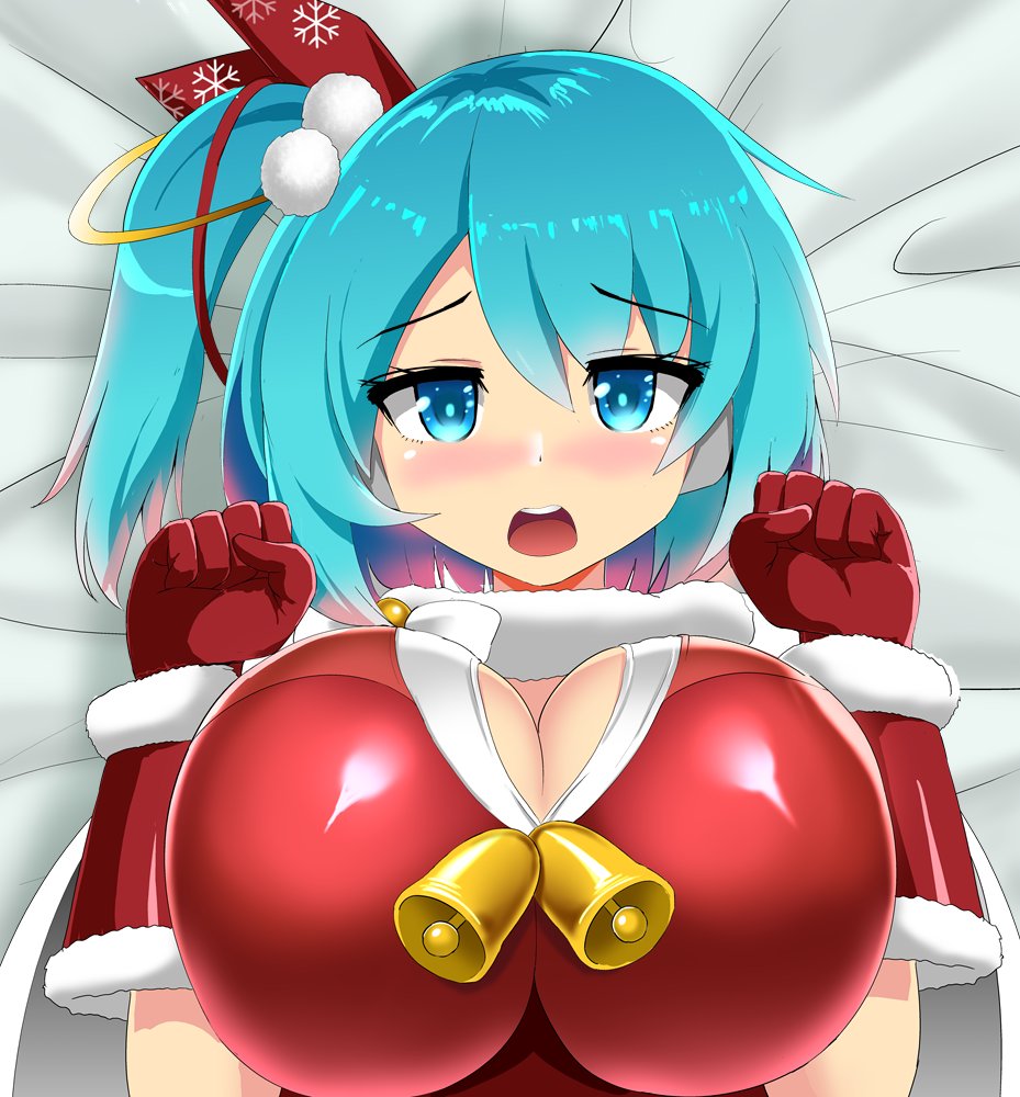 alternative_costume big_breasts blue_eyes blue_hair blush christmas christmas_outfit christmas_rico_(x_dive) honda_takaharu mega_man mega_man_x_dive open_mouth rico_(mega_man)