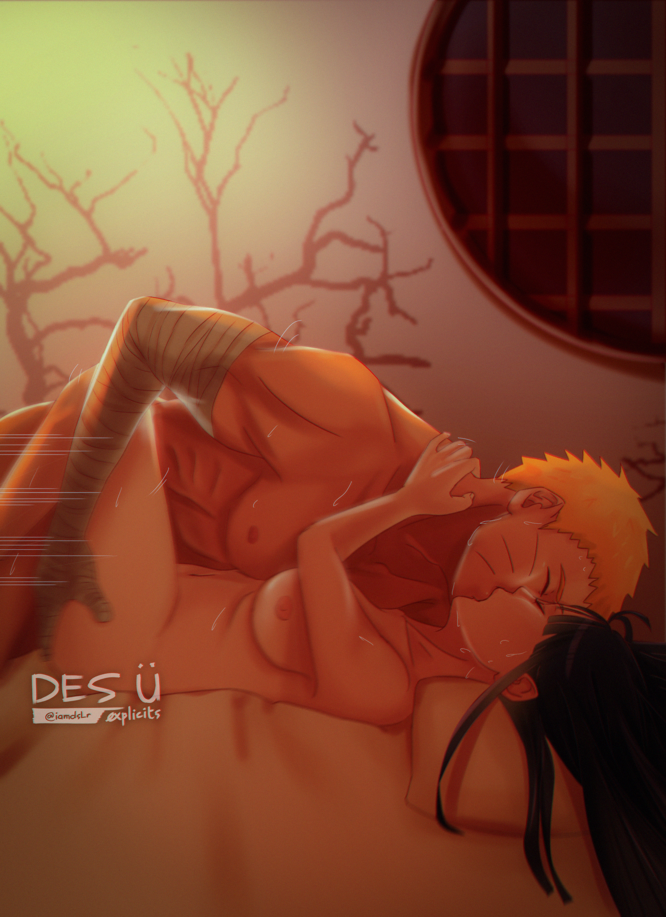 1boy, 1girls, big breasts, blonde hair, breasts, closed eyes, completely nude, couple, des ü, female, hyuuga hinata, indoors, kissing, kissing while penetrated, large breasts, light skin, light-skinned female, long hair, male, male/female, missionary, missionary position, naruto, naruto (series), naruto shippuden, naruto: the last, night, nipples, nude, on back, passionate, purple hair, pussy, sex, short hair, straight, thrusting, uzumaki naruto, vaginal penetration