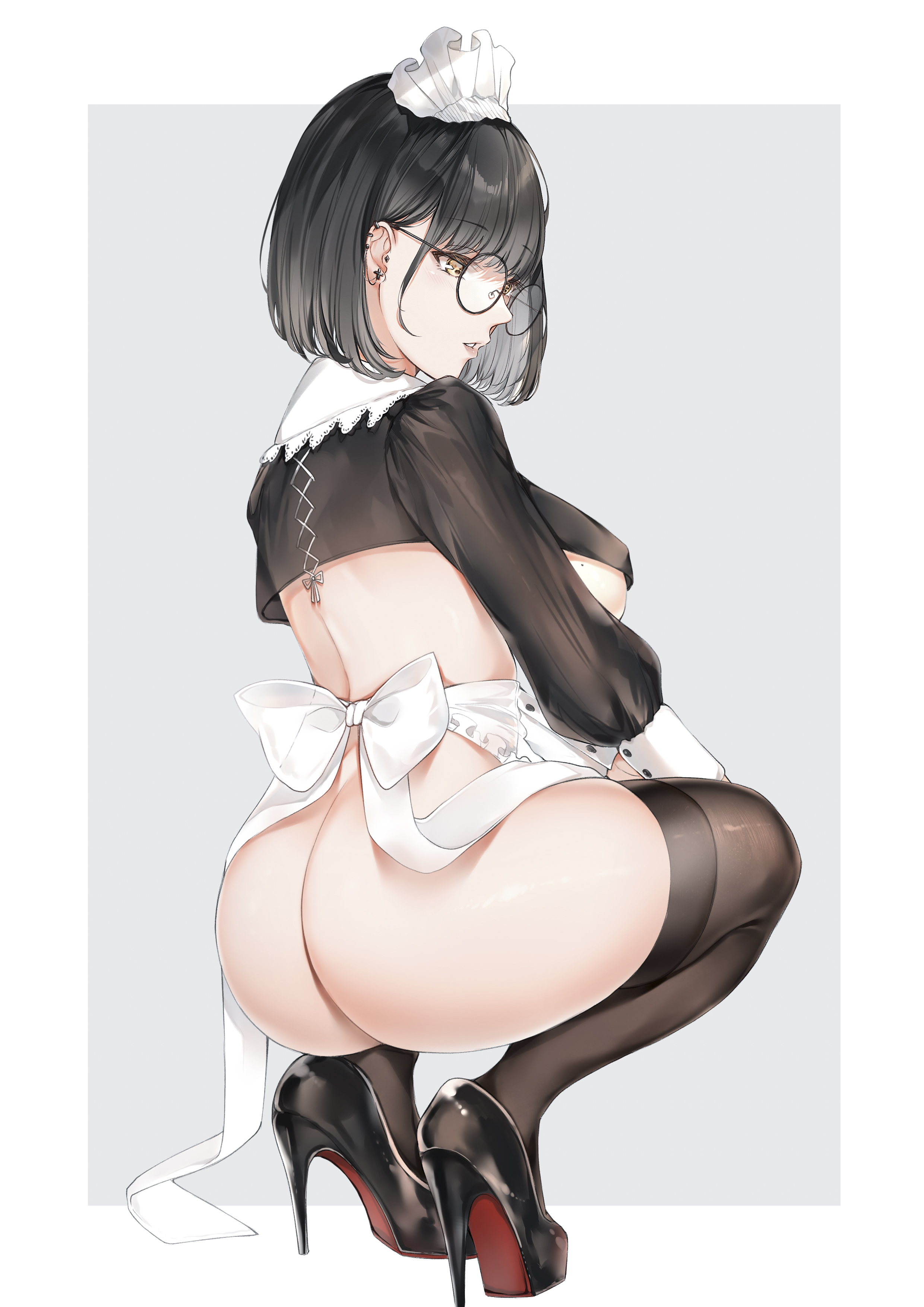 1girls, 2021, absurdres, apron, ass, back, bangs, black eyes, black footwear, black hair, black legwear, blush, bob cut, bow, breasts, earrings, eyebrows visible through hair, female, female focus, female only, frills, from behind, glasses, high heels, highres, jewelry, juliet sleeves, lace, large breasts, long sleeves, maid, maid headdress, mole, mole on breast, no panties, no pants, original, parted lips, puffy sleeves, short hair, simple background, skindentation, solo, solo female, squatting, thighhighs, two-tone background, white background, yellow eyes, yukineko1018