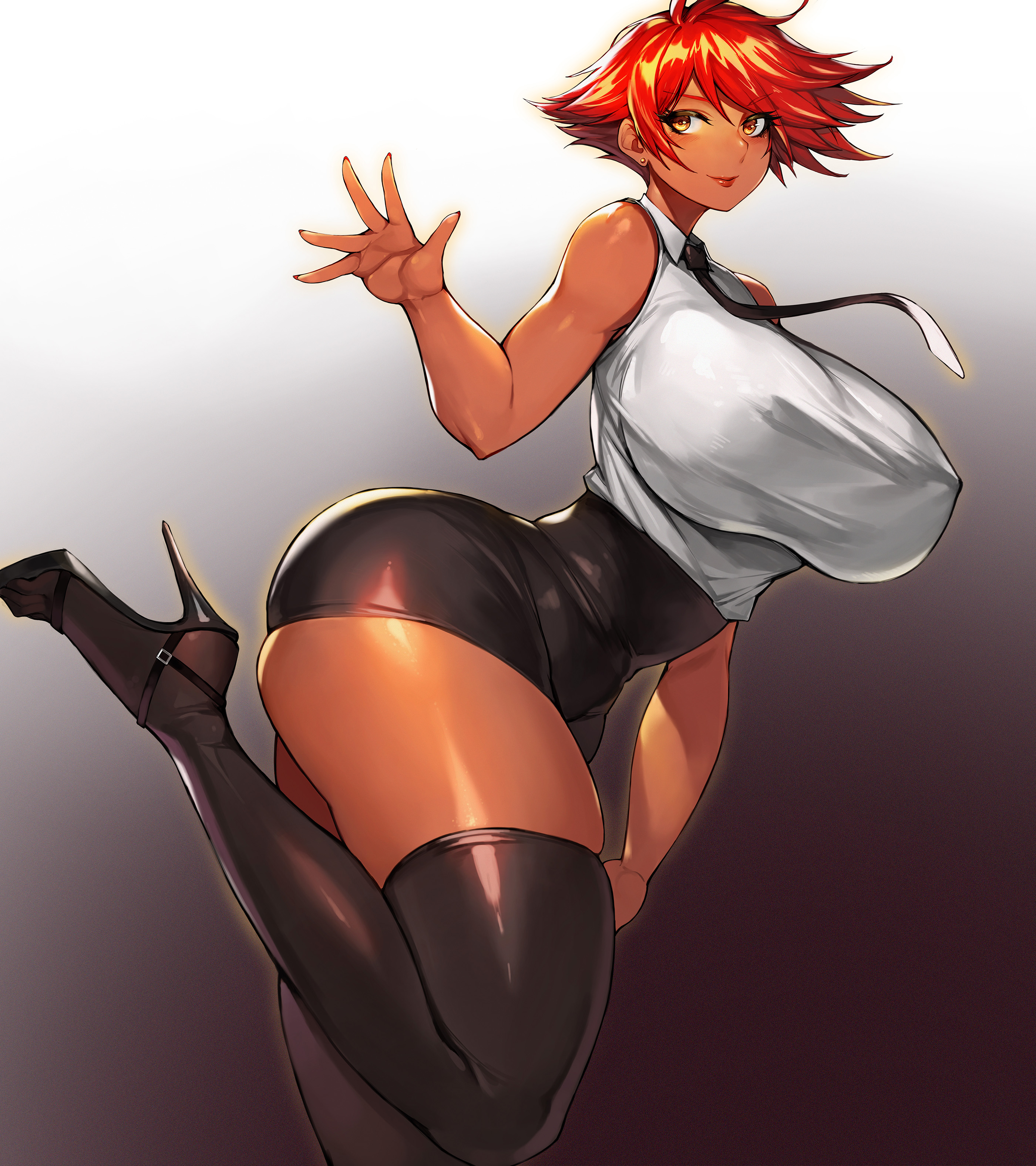 absurdres, ass, bare shoulders, black legwear, black necktie, breasts, closed mouth, dark skin, dark-skinned female, ear piercing, female, gigantic breasts, gradient, gradient background, gurimjang, hand up, high heels, highres, large breasts, leg up, necktie, no bra, office lady, original, piercing, pointy breasts, red hair, red-haired warrior (gurimjang), shirt, short hair, simple background, sleeveless, sleeveless shirt, smile, solo, standing, standing on one leg, thick thighs, thighhighs, thighs, thunder thighs, wide hips, yellow eyes