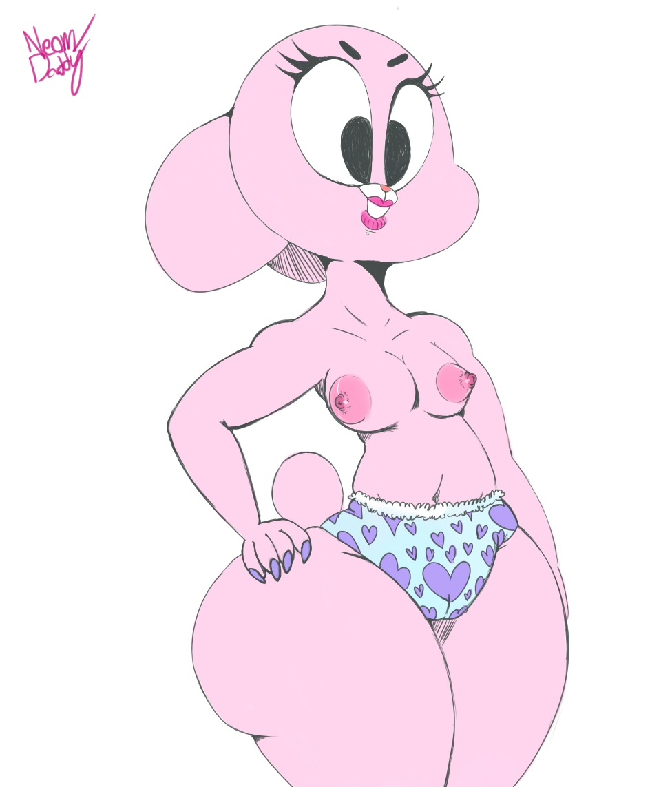 2018, 5 fingers, aged up, anais watterson, anthro, breasts, buckteeth, cartoon network, clothed, clothing, digital media (artwork), female, hand on hip, lagomorph, leporid, lipstick, looking at viewer, makeup, mammal, navel, neom-daddy, nipples, panties, pose, rabbit, simple background, smile, solo, standing, teeth, the amazing world of gumball, thick thighs, topless, underwear, white background