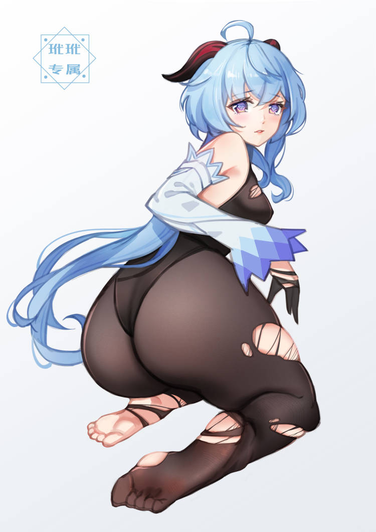 1girls, 2021, ahoge, ass, bangs, black legwear, black leotard, blue hair, breasts, daidai (318706698), detached sleeves, eyebrows visible through hair, feet, female, female focus, female only, from behind, full body, ganyu (genshin impact), genshin impact, goat horns, horns, leotard, long hair, looking at viewer, looking back, no shoes, purple eyes, simple background, sitting, soles, solo, solo female, torn clothes, torn legwear, torn leotard, twintails, very long hair, white background, wide sleeves