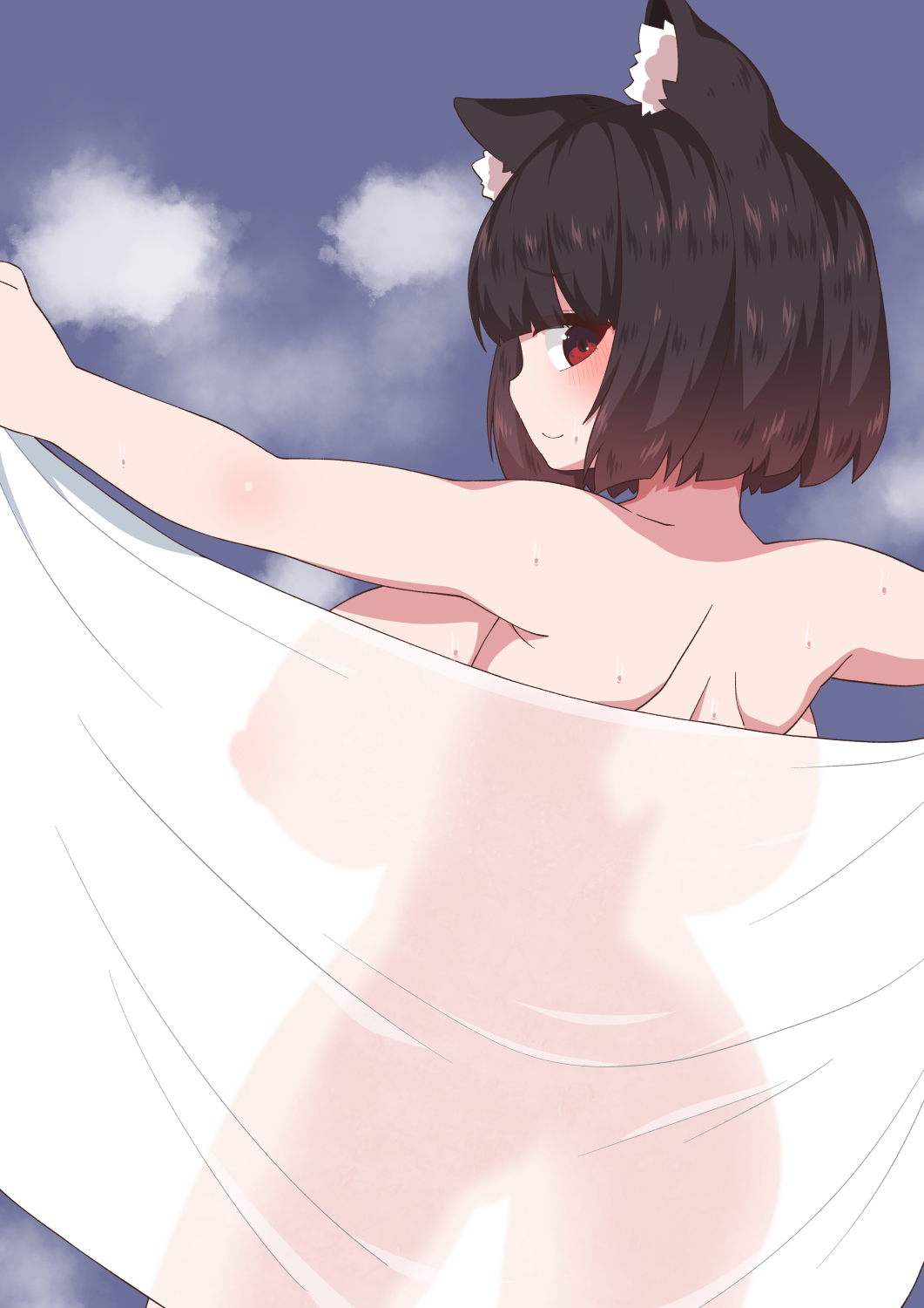 1girls, animal ears, azur lane, backboob, black hair, breasts, cat ears, completely nude, female, female only, from behind, highres, holding, holding towel, huge breasts, iori 4kagetsu, light skin, light-skinned female, looking back, nipples, nude, red eyes, sakura empire (azur lane), see-through, see-through silhouette, short hair, shortstack, silhouette, smile, solo, steam, sweat, towel, yamashiro (azur lane)
