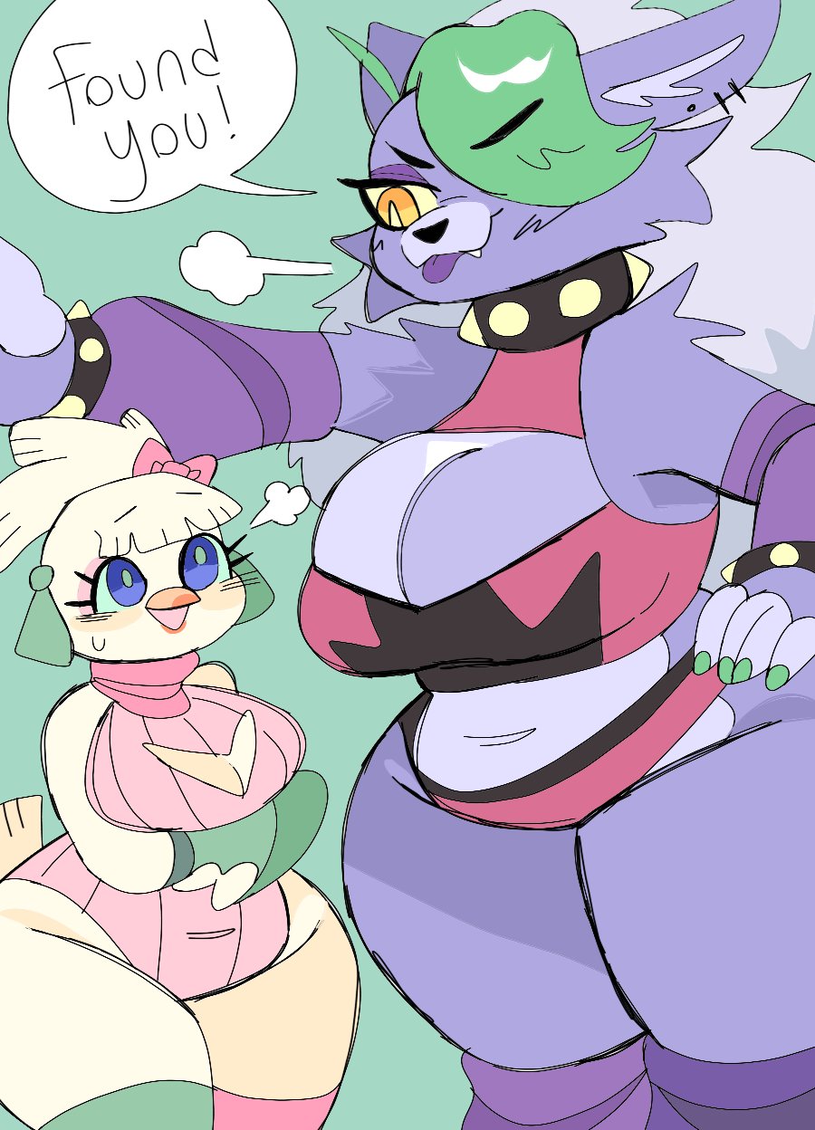 2girls :p animatronic anthro arm_warmers avian beak big_breasts blue_eyes blush boob_window bow breasts canid canine canis chicken cleavage cleavage_cutout clothed clothing crop_top curvaceous curvy cute dialogue duo ear_piercing earrings english_text eyelashes eyeshadow female female_only fingernails five_nights_at_freddy's five_nights_at_freddy's:_security_breach fur furry furry_only glamrock_chica_(fnaf) green_fingernails green_hair green_nails hi_res huge_breasts huge_hips huge_thighs larger_female leg_warmers leotard nails open_mouth painted_fingernails painted_nails puppychan purple_fur purple_hair purple_tongue roxanne_wolf_(fnaf) size_difference smaller_female smile speech_bubble spiked_bracelet spiked_collar sweat text text_bubble thick thick_thighs thighhighs tied_hair tongue tongue_out white_fur white_hair wide_hips wolf wolf_ears wolf_tail yellow_eyes