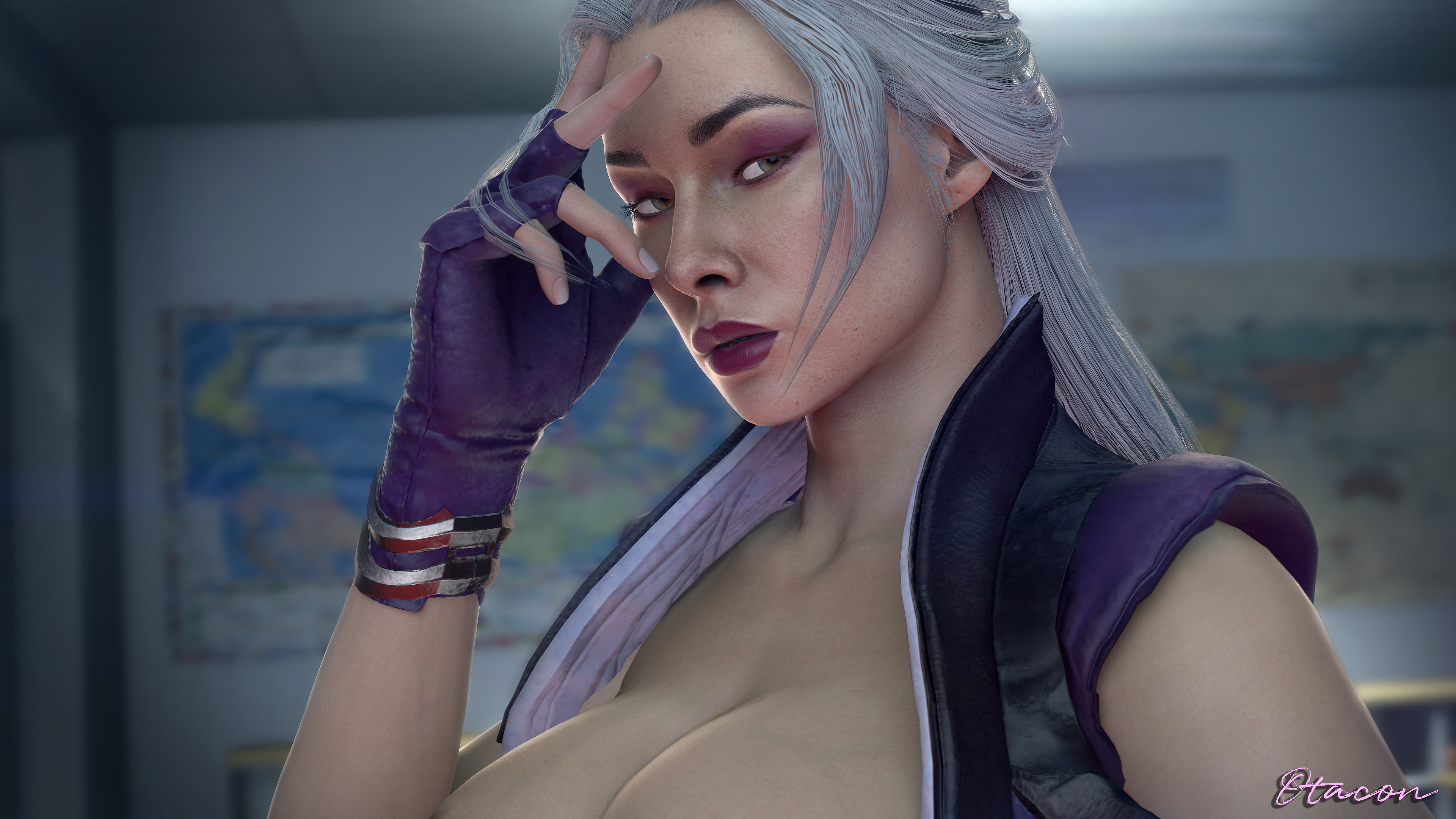1boy, 1girls, 3d, big breasts, breasts, busty, eyeshadow, female, grey hair, lipstick, long hair, makeup, male, mascara, milf, mortal kombat, mortal kombat 11, otacon212, pinup, pinup pose, pose, posing, sindel, sleeveless shirt, white hair
