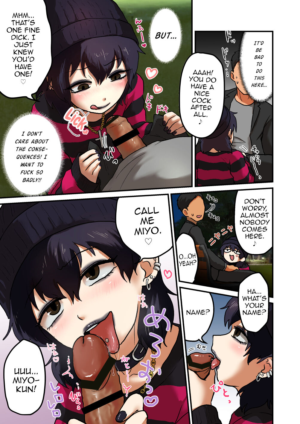 2boys, black eyes, black hair, black lipstick, blush, blushing, censor bar, chains, color, colored, comic, crossdressing, cute, ear piercing, earrings, english text, eyeshadow, fellatio, femboy, gay, girly, goth, hand on penis, hat, headwear, imminent oral, jewelry, licking, licking lips, licking penis, light skin, light-skinned male, lipstick, long sleeves, looking at another, looking at partner, makeup, male, male focus, male only, male/male, manga, nail polish, oral, otokonoko de asobou, pale skin, pale-skinned male, park bench, penis, penis grab, penis out, piercing, pointless censoring, public, saliva, saliva string, saliva trail, speech bubble, teenager, text, tongue, tongue out, tongue piercing, trap, white body, white skin, yaoi