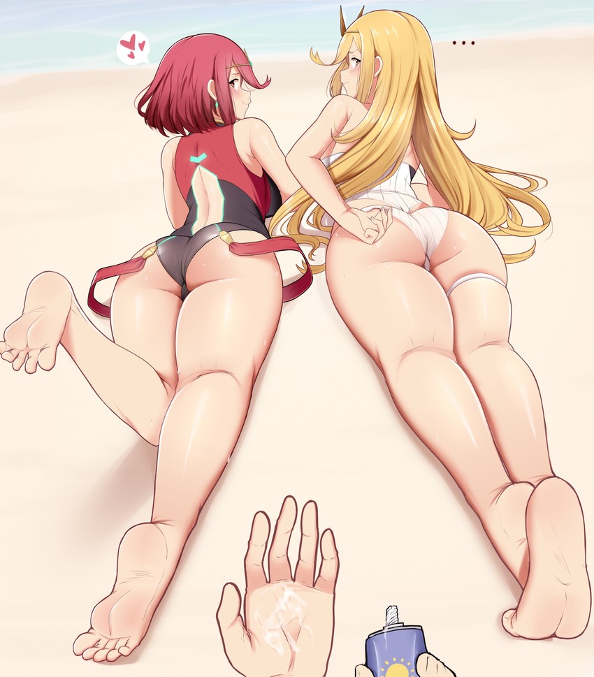 2girls, ass, big ass, big butt, female, looking at viewer, looking back, mythra, pyra, thick thighs, thighs, xenoblade (series), xenoblade chronicles 2