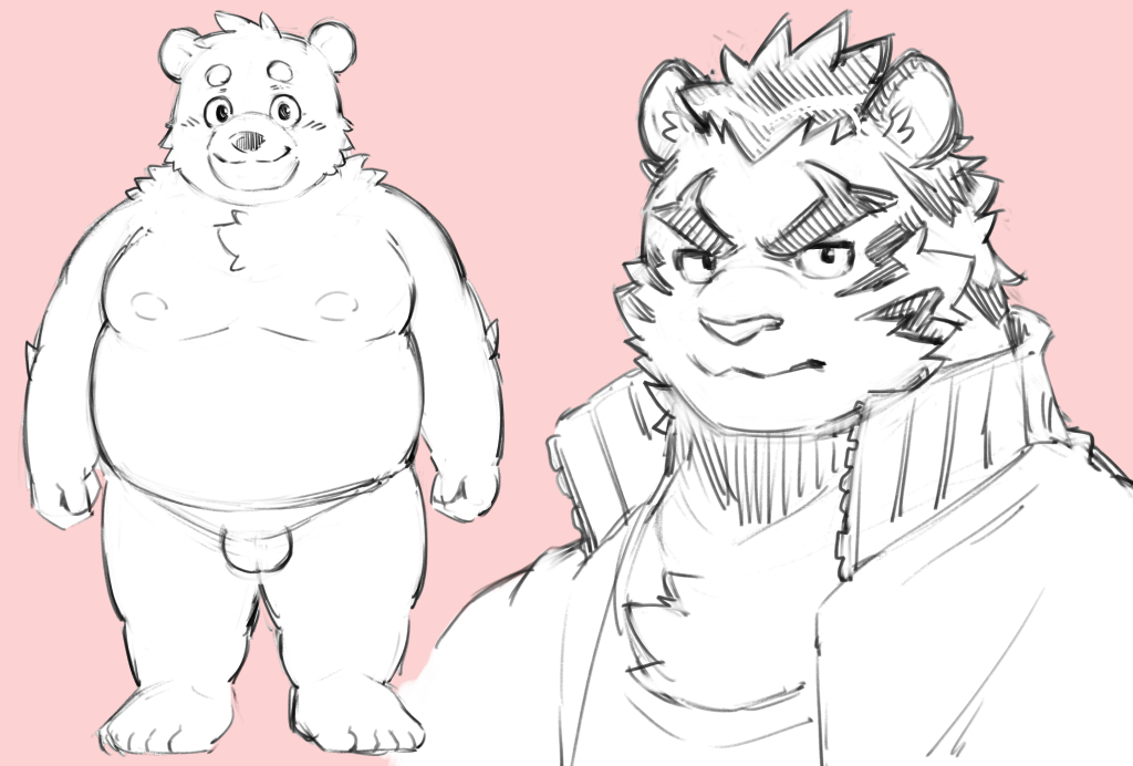 2023 anthro balls bear belly big_belly blush felid genitals kemono male mammal moobs nipples noko_illust overweight overweight_male pantherine pink_background simple_background tiger