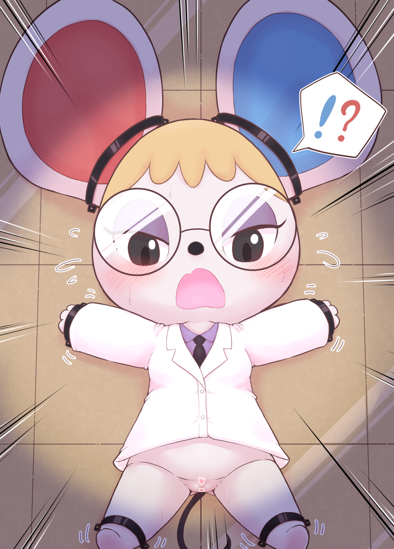 !? 2021 animal_crossing animal_ears animal_nose arms_up ass_visible_through_thighs bangs barefoot black_eyes black_necktie blonde_hair blush bondage bottomless bound breasts brown-framed_eyewear brown_background buttons censored chibi collared_shirt colored_skin commentary_request embarrassed emphasis_lines female flying_sweatdrops furry furry_female glasses half-closed_eyes heart heart_censor jacket kajiura long_sleeves looking_down mouse_ears mouse_girl mouse_tail necktie nintendo oerba_yun_fang open_mouth outstretched_arms partial_commentary petri_(animal_crossing) purple_shirt pussy restrained round_eyewear shirt short_hair skin_fang small_breasts solo speech_bubble spoken_interrobang spread_arms spread_legs stationary_restraints sweat tail trembling white_jacket white_skin