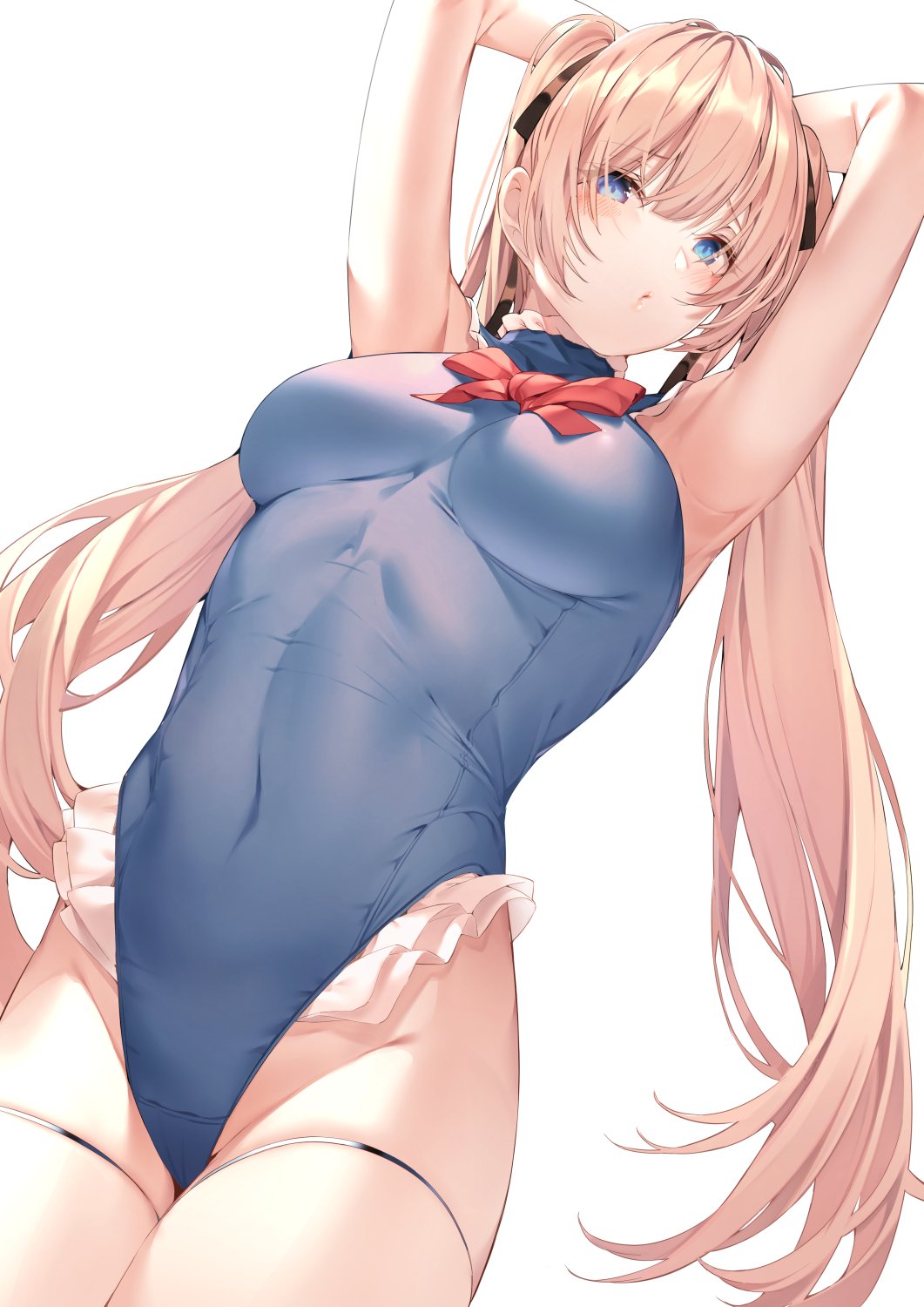 amagimei armpits arms_behind_head azur_lane bangs bare_shoulders black_ribbon blonde_hair blue_eyes blue_swimsuit blush breasts covered_navel dead_or_alive dead_or_alive_xtreme_beach_volleyball eyebrows_visible_through_hair female frilled_swimsuit frills hair_ribbon highres long_hair looking_at_viewer marie_rose marie_rose_(devilish_servant_against_the_splashing_waves) medium_breasts one-piece_swimsuit parted_lips ribbon simple_background solo standing swimsuit thigh_strap twintails very_long_hair white_background