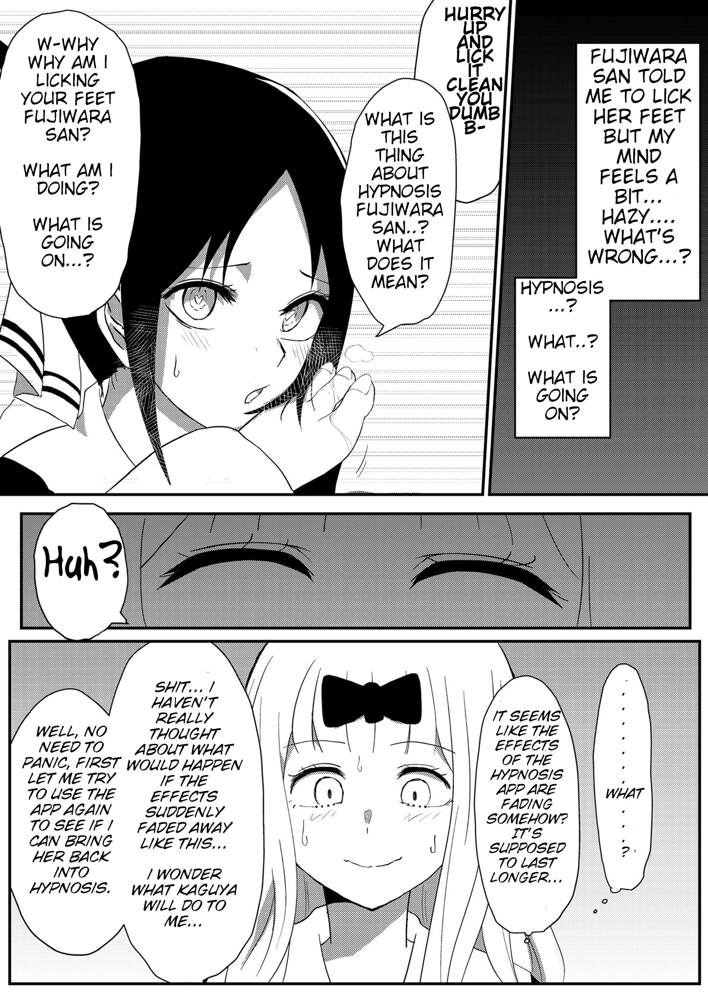 2girls, black and white, black hair, blue eyes, blush, bow, brainwashing, comic, confusion, corruption, cuddling feet, english text, feet, female, femdom, femsub, foot fetish, foot focus, fujiwara chika, heart-shaped pupils, heavy breathing, hypnosis, kaguya-sama wa kokurasetai ~tensai-tachi no renai zunousen~, losing control, mind control, movement lines, pink hair, red eyes, ribbon, rubbing feet, school uniform, schoolgirl, shaded face, shinomiya kaguya, smell, sniffing, speech bubble, sweat, text, translated, yuri, ze r0 ze r0