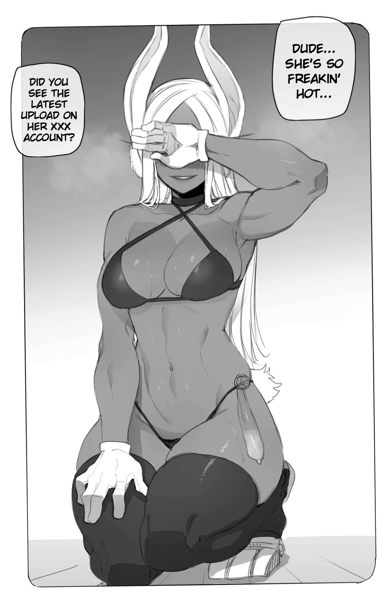 1girls, bikini, black and white, blush, bunny ears, bunny girl, condom, condom belt, embarrassed, female, hiding face, ineffective identity concealment, miruko, mr.skull, my hero academia, rabbit ears, ratatatat74, rumi usagiyama, thighs, tomboy, toned, toned female, used condom