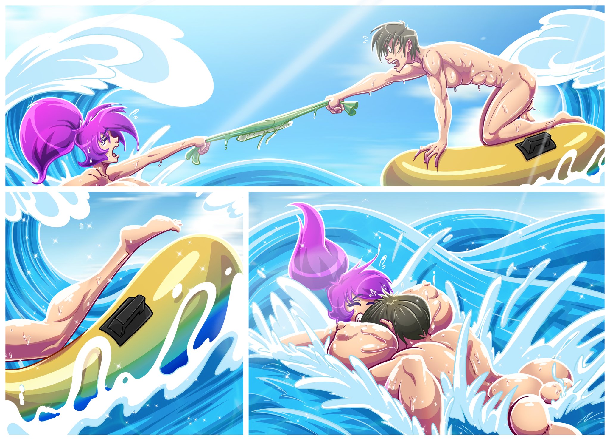 ass, big ass, big breasts, breasts, face between breasts, face to breasts, feet, female, head between breasts, kogeikun, male, muscular, muscular male, naked, nipples, nude, nude female, nudity, pants, water, water park, wendolin