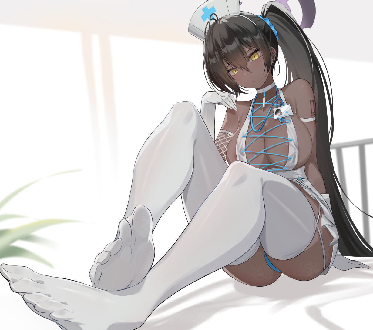 1girls, 2021, alternate version available, bangs, bare shoulders, black hair, blue archive, blush, breasts, choker, cross-laced clothes, dark skin, dark-skinned female, elbow gloves, feet, female, female focus, female only, fishnets, gloves, halo, halter top, halterneck, hat, id card, kakumayu, karin (blue archive), lanyard, large breasts, legs, long hair, looking at viewer, millennium science school student, miniskirt, nurse, nurse cap, ponytail, revealing clothes, sitting, skirt, solo, solo female, thighhighs, toes, white gloves, white headwear, white legwear, white skirt, yellow eyes