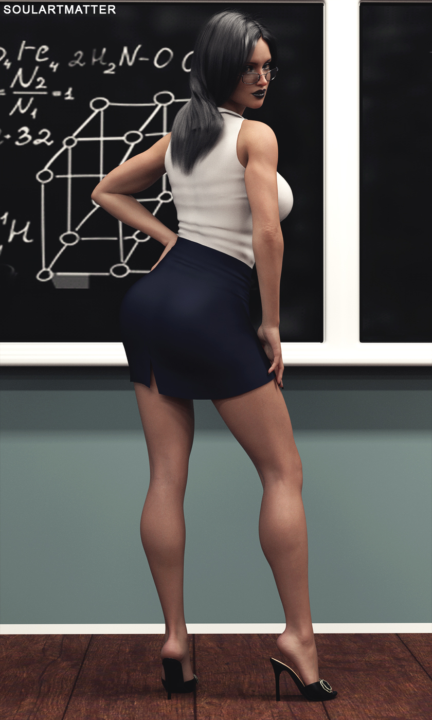 back_to_viewer black_lipstick chemistry_teacher female formal_clothes formal_wear glasses high_heel_sandals high_heels legs pencil_skirt selina_(soulartmatter) short_skirt skirt solo soulartmatter teacher