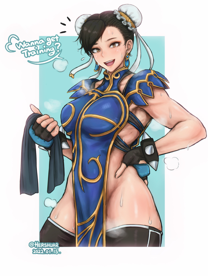 1girls, alternate costume, capcom, chinese dress, chun-li, double bun, female, female only, fingerless gloves, gloves, hershuar, looking at viewer, no bra, no panties, official alternate costume, qipao, revealing clothes, smile, solo, street fighter, street fighter v, sweatdrop, sweating, sweaty, tagme, thick thighs, thighhighs, thighs, toned, toned female
