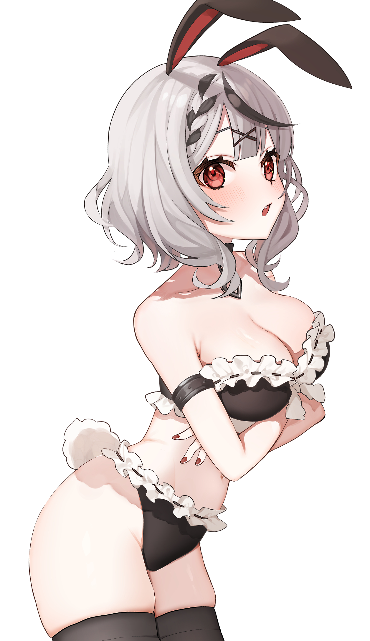 1girls, 2021, ahoge, animal ears, ass, bangs, bare shoulders, black hair, blush, braid, breasts, bunny ears, bunny tail, cleavage, eyebrows visible through hair, female, female focus, female only, hair ornament, highres, hololive, hololive japan, holox, large breasts, looking at viewer, multicolored hair, oerba yun fang, omaru (0marufestival), open mouth, red eyes, sakamata chloe, short hair, silver hair, solo, solo female, streaked hair, tail, thighhighs, thighs, torn clothes, torn legwear, virtual youtuber, x hair ornament