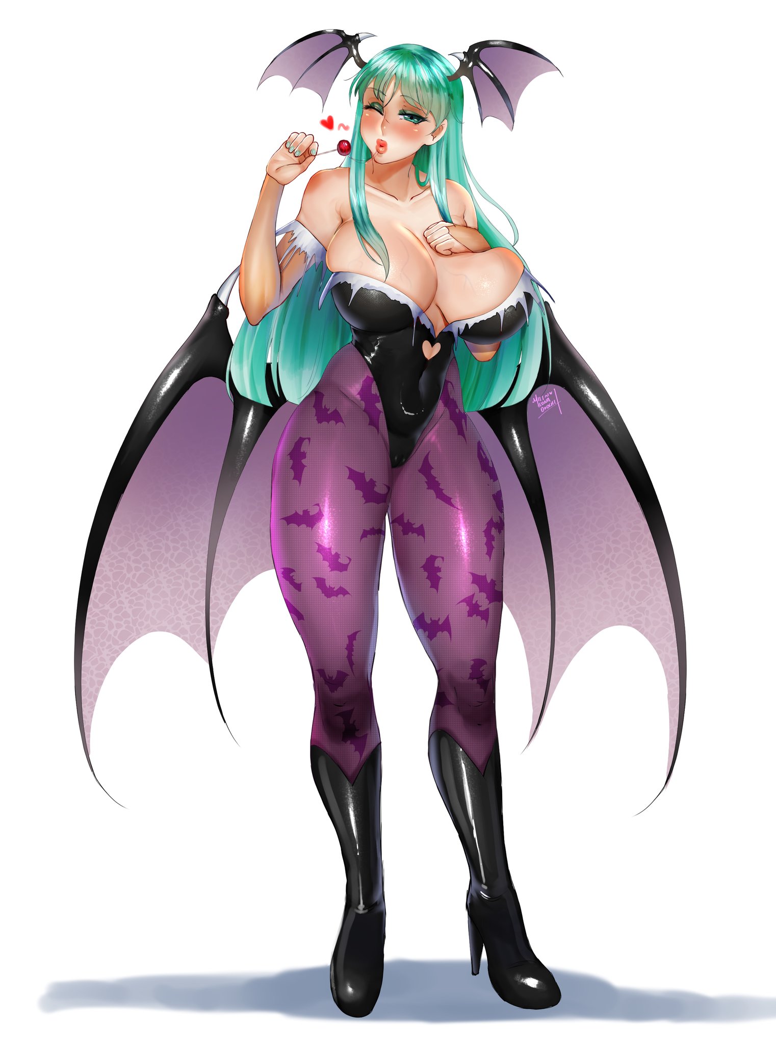 1girls, big breasts, breasts, capcom, clothing, curvy, curvy figure, darkstalkers, demon, female, female only, green eyes, green hair, high heel boots, large breasts, lollipop, milileonaorochi, morrigan aensland, solo, solo female, succubus, thick, thick thighs, tight clothing, voluptuous
