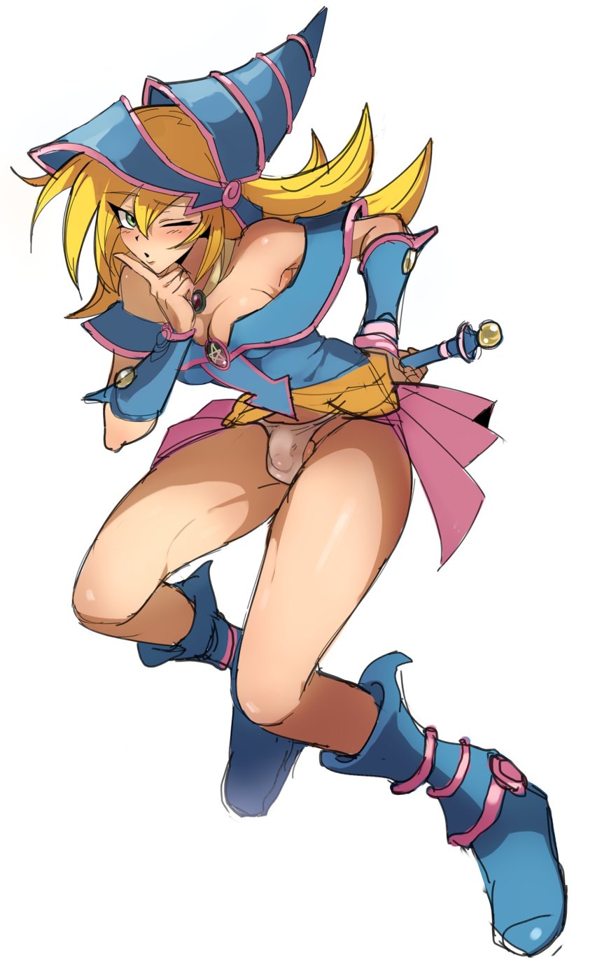 1futa ;o a_go ball_bulge balls balls_in_panties balls_under_clothes bare_shoulders blonde_hair blowing_kiss blue_headwear breasts bulge cleavage clothed clothing covered_penis dark_magician_girl detached_sleeves flaccid floating full_body futa_only futanari green_eyes hat highres holding holding_staff human large_breasts light-skinned_futanari light_skin long_hair looking_at_viewer mostly_clothed off_shoulder one_eye_closed panties panty_bulge penis penis_bulge penis_in_panties penis_under_clothes penis_under_skirt pentagram simple_background skirt skirt_lift solo staff underwear white_background white_panties wizard_hat yu-gi-oh!