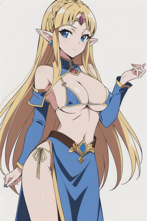 ai generated, blonde hair, blue bikini, blue eyes, breasts, cleavage, female, medium breasts, midriff, princess zelda, sideboob, the legend of zelda, underboob