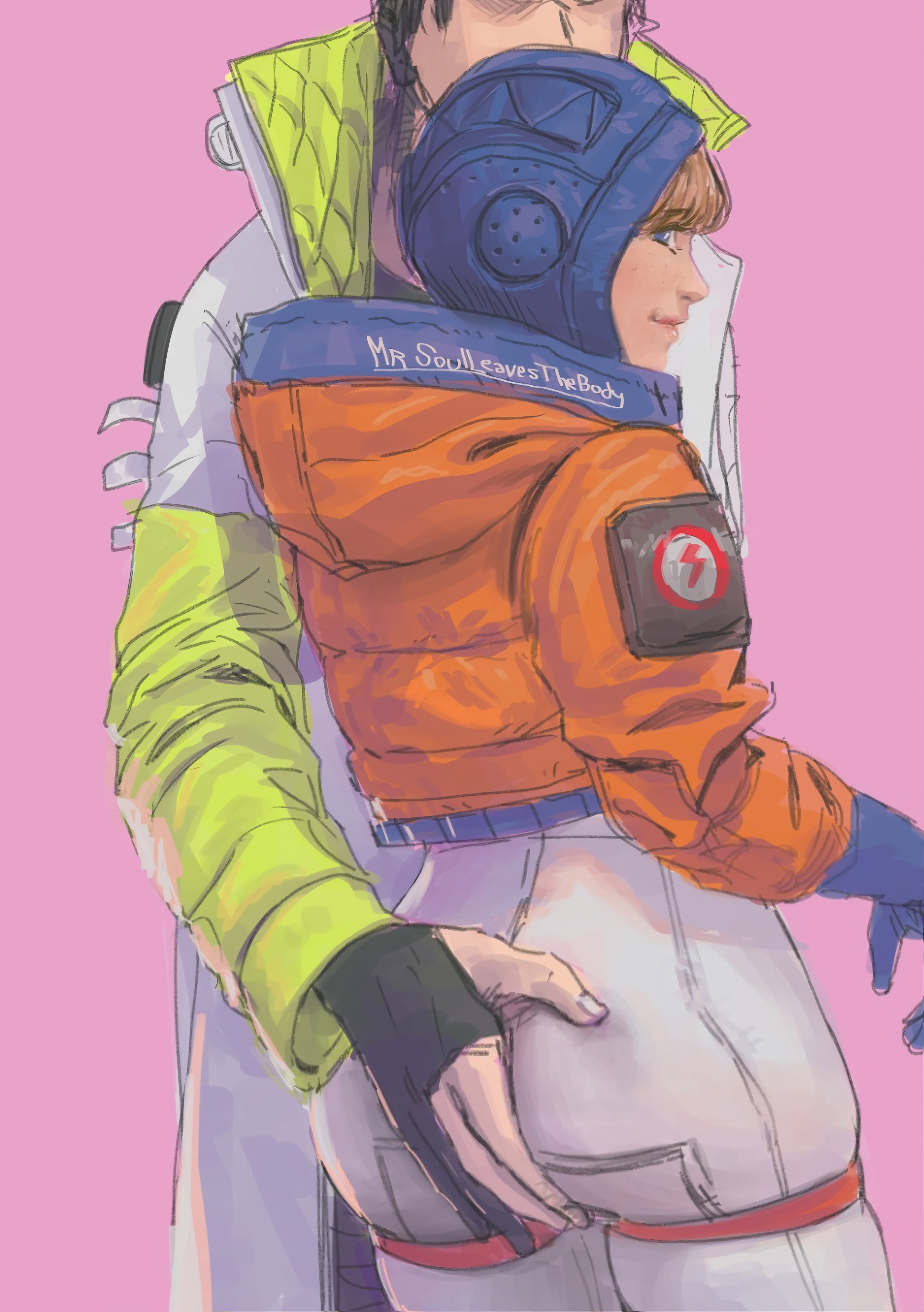 apex legends, ass, ass grab, ass squeeze, back view, belt, big ass, big butt, big thighs, bottom heavy, bubble ass, bubble butt, bursting butt, cameltoe, crypto (apex legends), female, gigantic ass, gigantic butt, huge ass, huge butt, jumpsuit, looking at another, outgrowing clothes, pussy, simple background, stretched clothing, thick, thick ass, thick hips, thick thighs, tight clothes, tight clothing, tight pants, tights, touching pussy, unknown artist, vagina, viewed from behind, wattson (apex legends)
