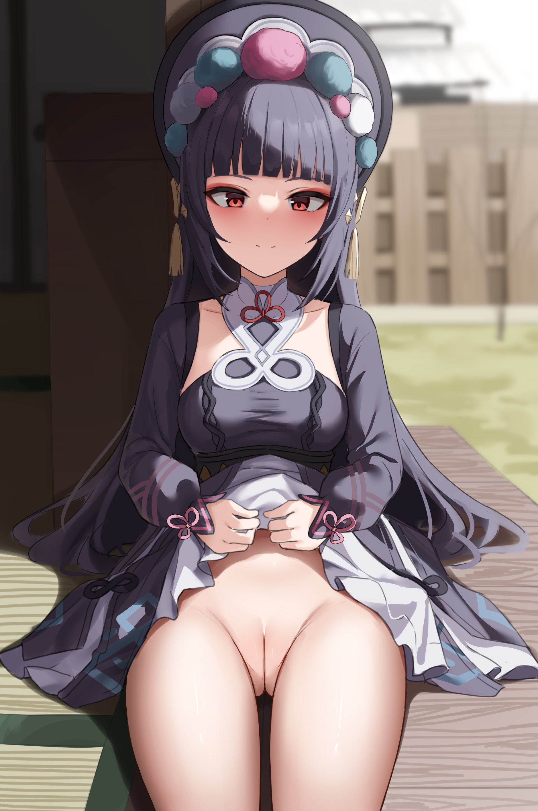 1girls, bare legs, black hair, blush, dress, dress lift, eyeshadow, female, female only, genshin impact, hair accessory, hairless pussy, hat, highres, legs, lifted by self, long hair, looking at viewer, outdoors, presenting, presenting pussy, pussy, red eyes, shaved pussy, shengtian, sitting, smile, solo, vagina, yun jin (genshin impact)