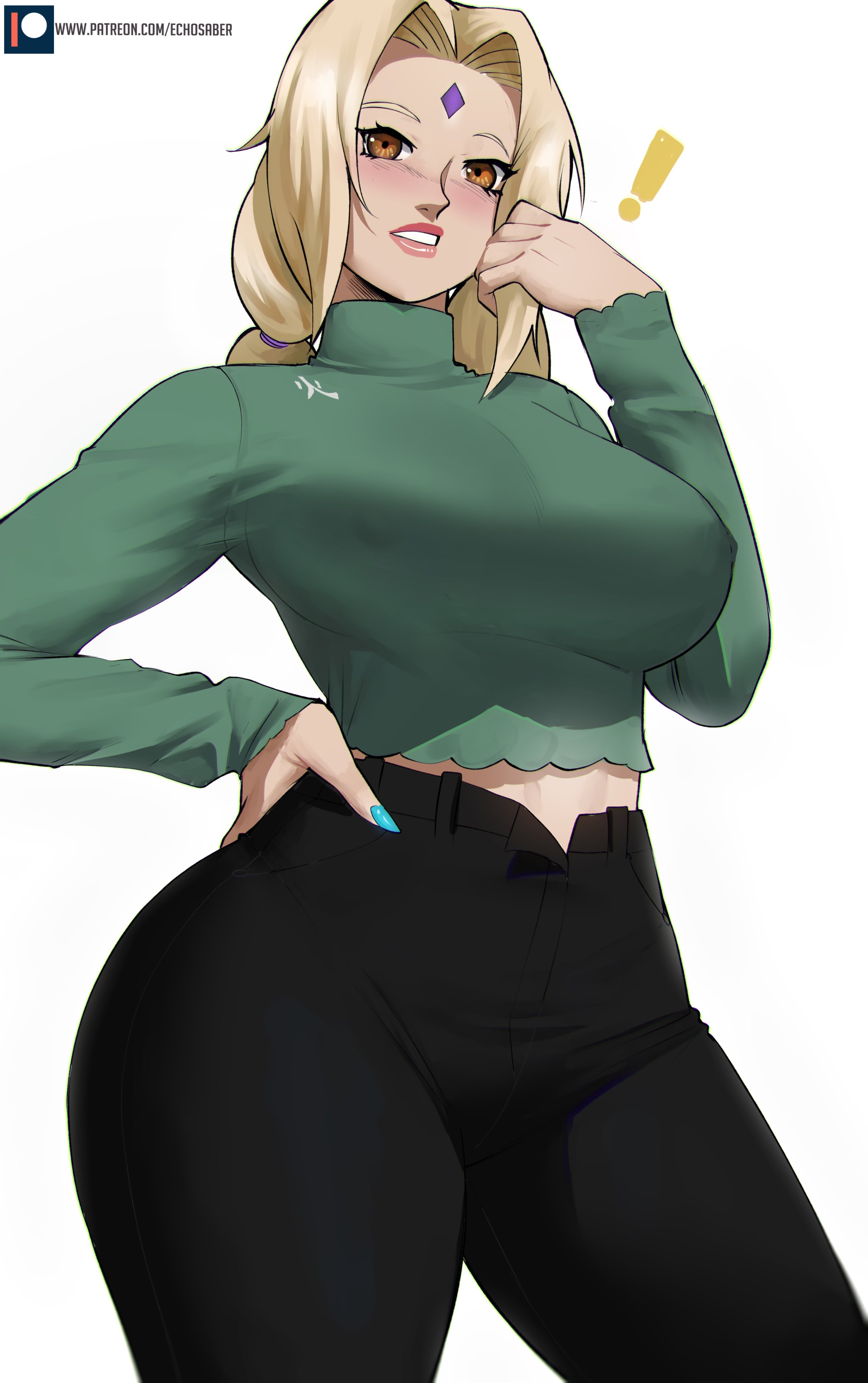 !, 1girls, 2022, 2d, 2d (artwork), alternate costume, artist name, ass, big ass, big breasts, black pants, blonde hair, blush, bottom heavy, breasts, brown eyes, casual, clothed, clothed female, colored nails, covered erect nipples, crop top, curvaceous, curvy, echosaber, erect nipples, erect nipples under clothes, exclamation point, facial mark, female, female only, forehead mark, fully clothed, hair intakes, hand on hip, high-waist pants, large breasts, lips, long hair, long sleeves, looking at viewer, mature, mature female, midriff, milf, nail polish, naruto, naruto (series), naruto shippuden, nipple outline, nipples, pants, patreon, patreon username, pinup, questionable, simple background, solo, solo female, solo focus, standing, thick thighs, thighs, tight clothing, tsunade, turtleneck, unbuttoned, unbuttoned pants, url, voluptuous, watermark, white background, wide hips