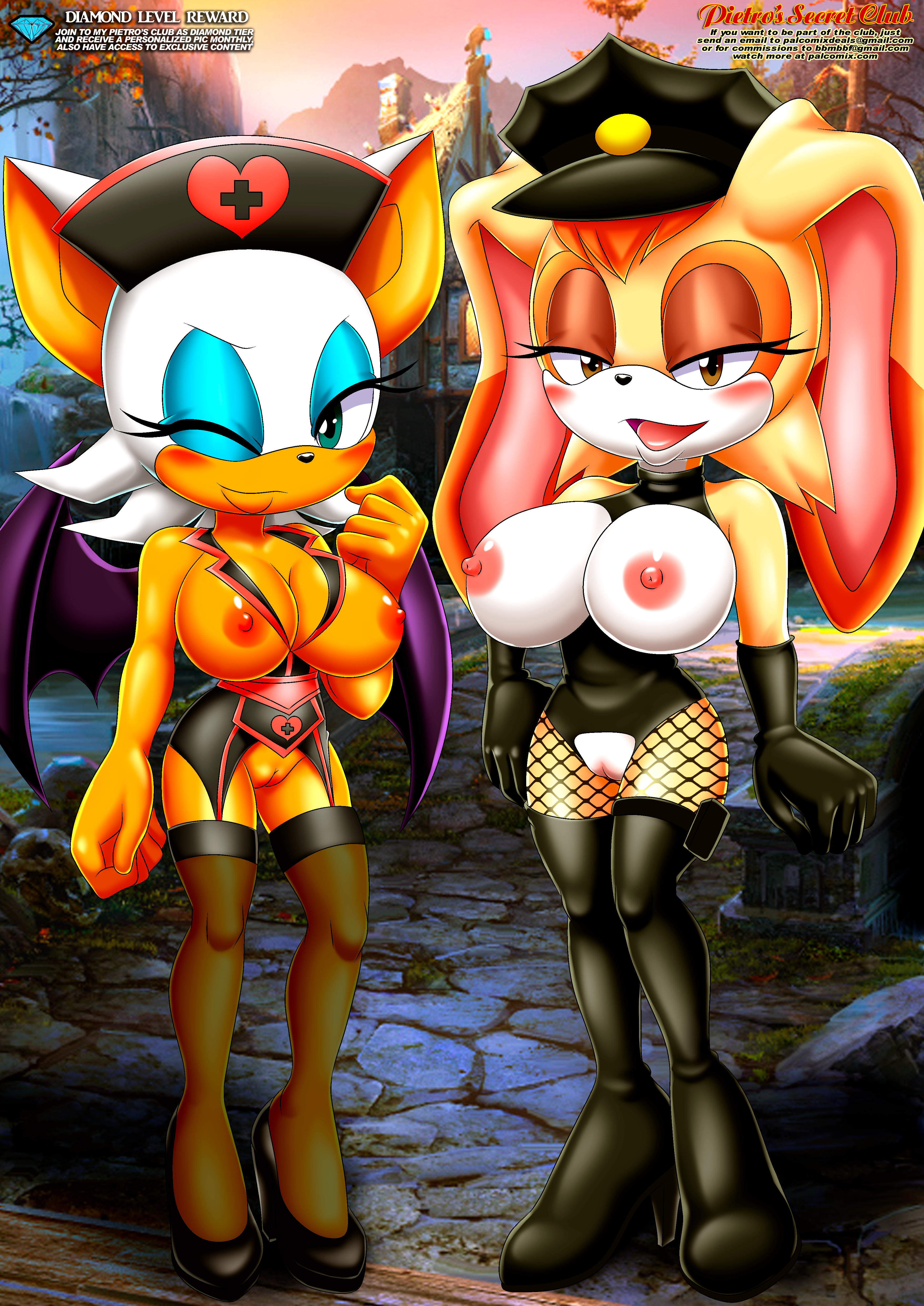 2girls, anthro, anthro only, bbmbbf, big breasts, boots, breasts, diamond level, dominatrix, elbow gloves, eyelashes, eyeliner, eyeshadow, female, female only, furry, furry only, garter belt, garter straps, hat, heels, high heels, latex, lingerie, makeup, mobius unleashed, nipples, nurse, palcomix, pietros secret club, pussy, rouge the bat, sega, sonic (series), stockings, thigh boots, vagina, vanilla the rabbit, wings