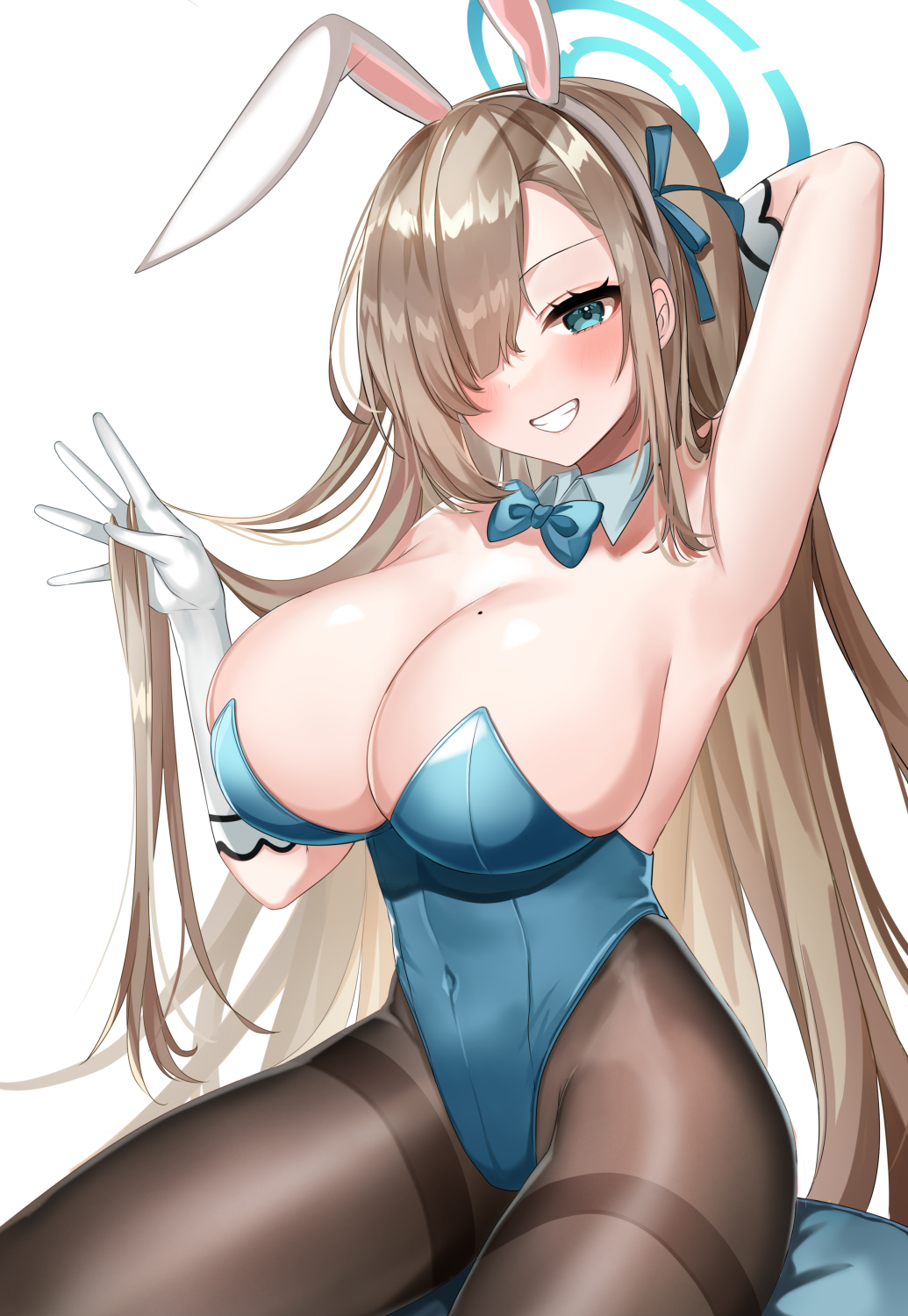 animal_ears aqua_eyes arm_up armpits asuna_(blue_archive) asuna_(bunny)_(blue_archive) bangs black_legwear blue_archive blue_leotard blush bow bowtie breasts bunny_ears cleavage covered_navel detached_collar elbow_gloves fake_animal_ears female gloves hair_ornament hair_over_one_eye hairband halo highleg highleg_leotard highres katsushika_pachi large_breasts leotard mole mole_on_breast one_eye_covered pantyhose parted_lips playboy_bunny smile solo teeth white_gloves white_hairband