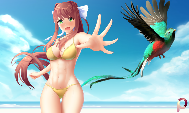 1animal 1girls _proxy abs beach belly_button bikini bird blush bottomwear breasts brown_hair cleavage doki_doki_literature_club female green_eyes long_hair medium_breasts monika_(doki_doki_literature_club) navel ponytail quetzal_bird resplendent_quetzal ribbon solo topwear white_ribbon yellow_bikini yellow_bikini_bottom yellow_bikini_top