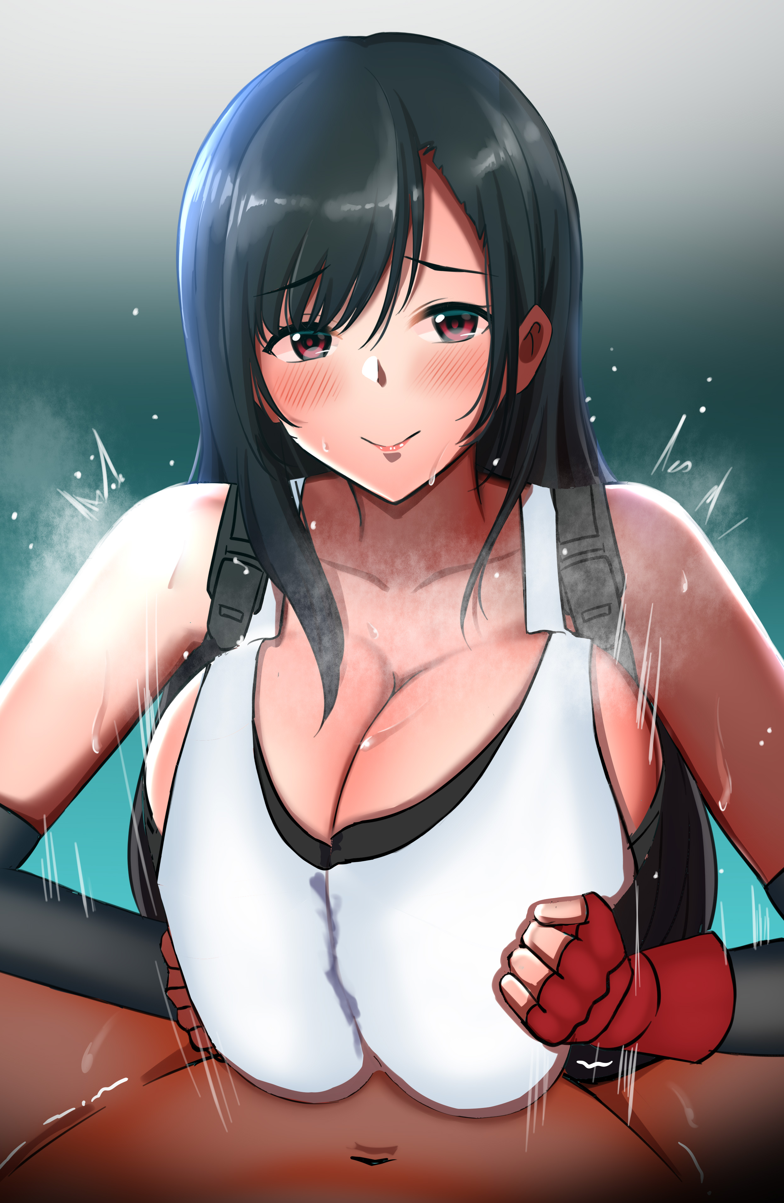 1girls, alternate breast size, big breasts, black hair, breasts, dark skin, dark-skinned male, female, final fantasy, final fantasy vii, fingerless gloves, gloves, happy, happy paizuri, happy sex, hi res, highres, huge breasts, large breasts, long hair, male, moruhuross, paizuri, paizuri under clothes, pov, shirt, smile, square enix, straight, sweat, sweatdrop, tagme, tifa lockhart