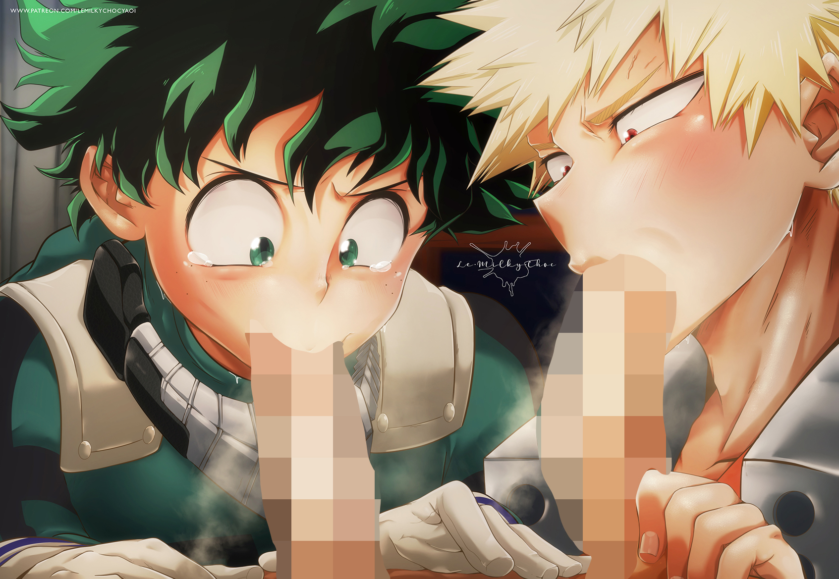 4boys, artist logo, blonde hair, blowjob, blowjob face, censored, censored penis, cock gobble, cock hungry, cum hungry, fellatio, giving head, gloves, going down on, green eyes, green hair, izuku midoriya, katsuki bakugou, knob polishing, lemilkychoc, male, male on male, male only, mosaic censoring, mostly offscreen character, mouth full of cock, mouthful, my hero academia, oral, oral sex, penis, penis in mouth, pixelated, pixelated penis, pointless censoring, red eyes, spiky hair, sucking off, uncensor request, yaoi