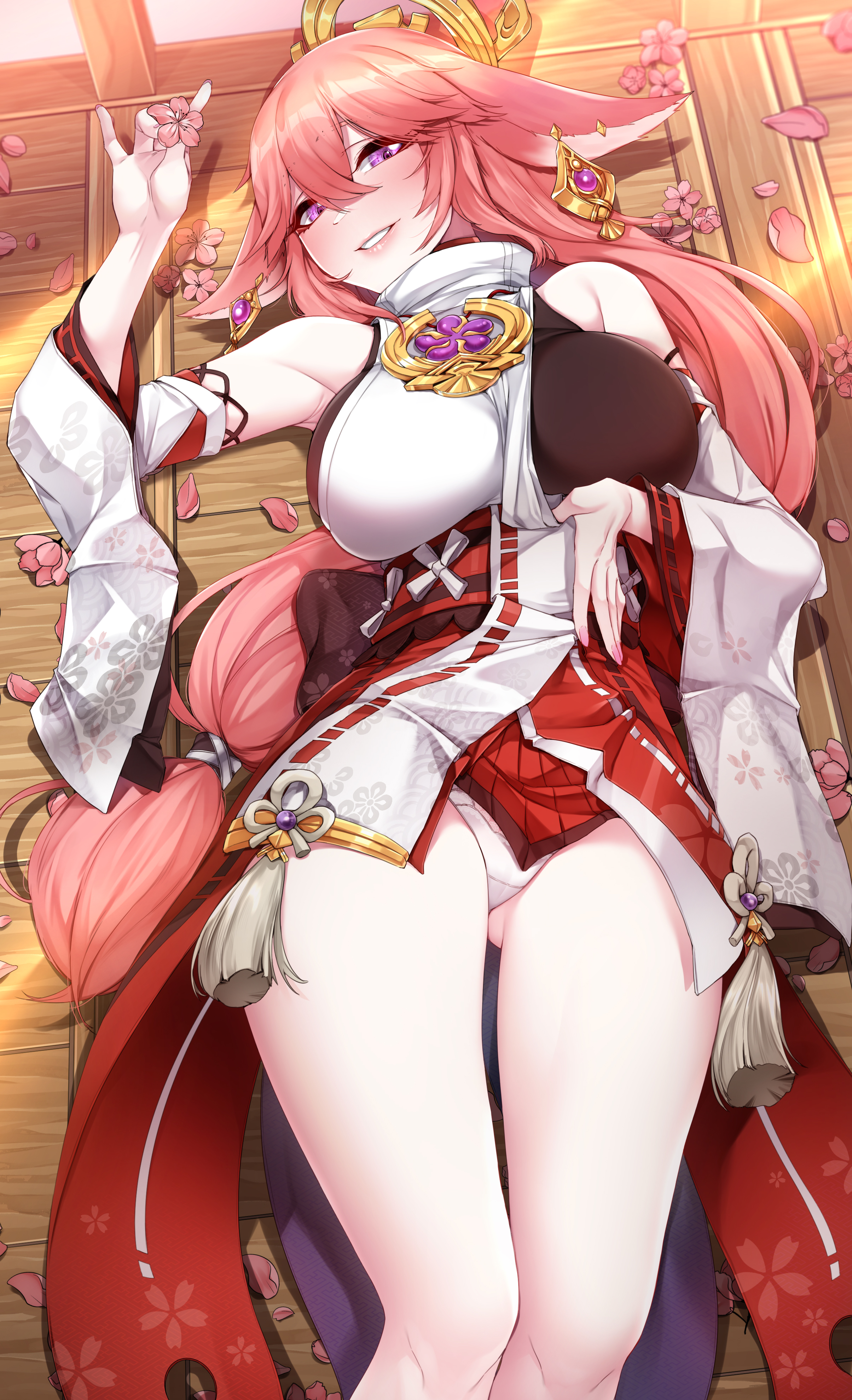 1girls, 2022, akchu, blush, breasts, cherry blossoms, clothed female, detached sleeves, ear piercing, female, female only, flower petals, fox ears, fox girl, genshin impact, hair ornament, highres, hips, huge breasts, indoors, kitsune, long hair, looking at viewer, lying on back, miko, panties, pink hair, png, purple eyes, shrine maiden, slim waist, smile, thick thighs, thighs, very high resolution, white panties, wide hips, wooden floor, yae miko