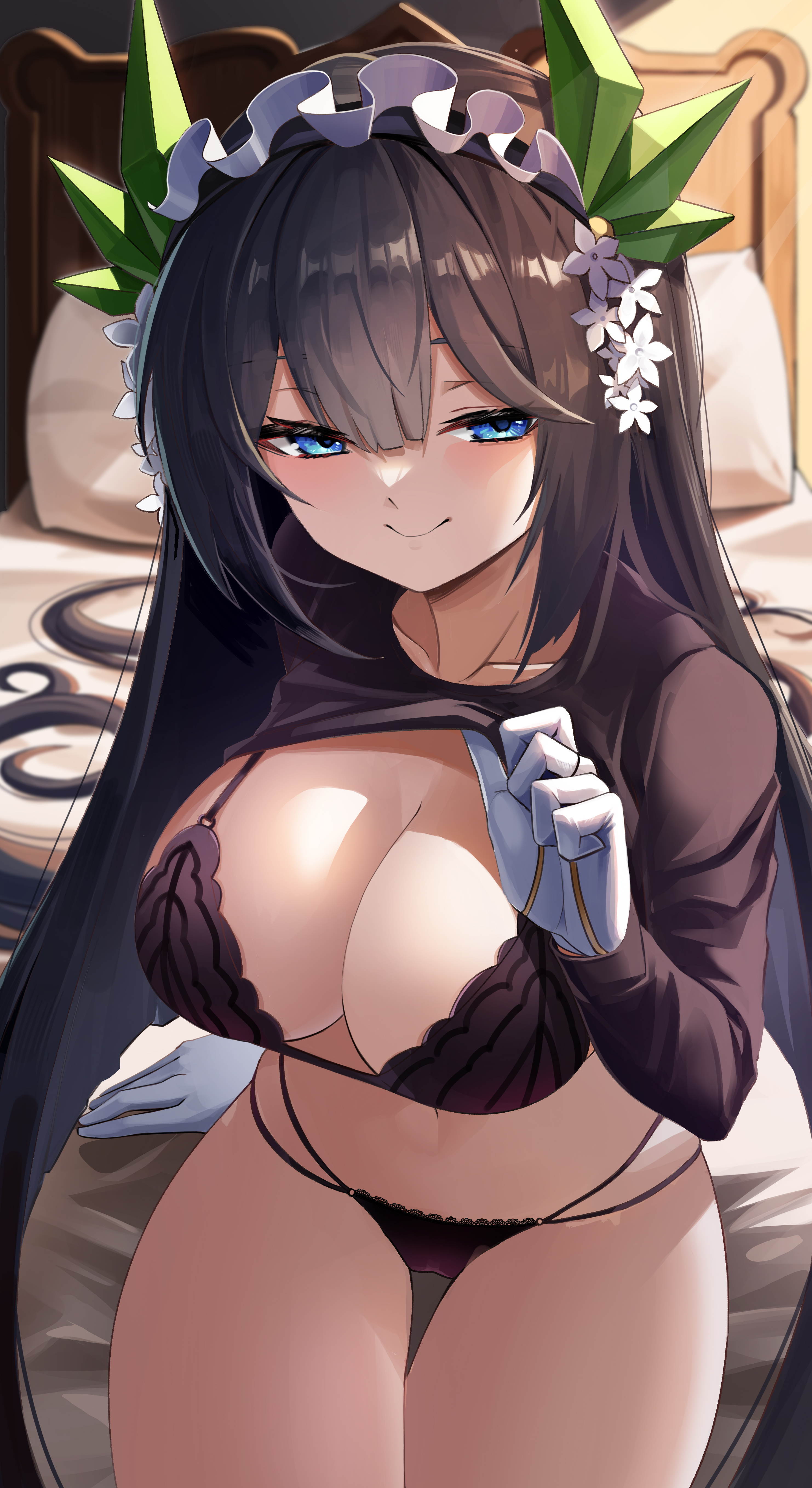 1girls, 2021, absurdres, bangs, bed, black bra, black hair, black panties, blue eyes, bra, breasts, clothes lift, female, female focus, female only, flower, gloves, hair flower, hair ornament, highres, jsih, large breasts, last origin, lifted by self, long hair, long sleeves, looking at viewer, maid headdress, oberonia rhea, on bed, panties, pillow, shirt lift, sitting, sitting on bed, smile, solo, solo female, string panties, underwear, very long hair, white gloves