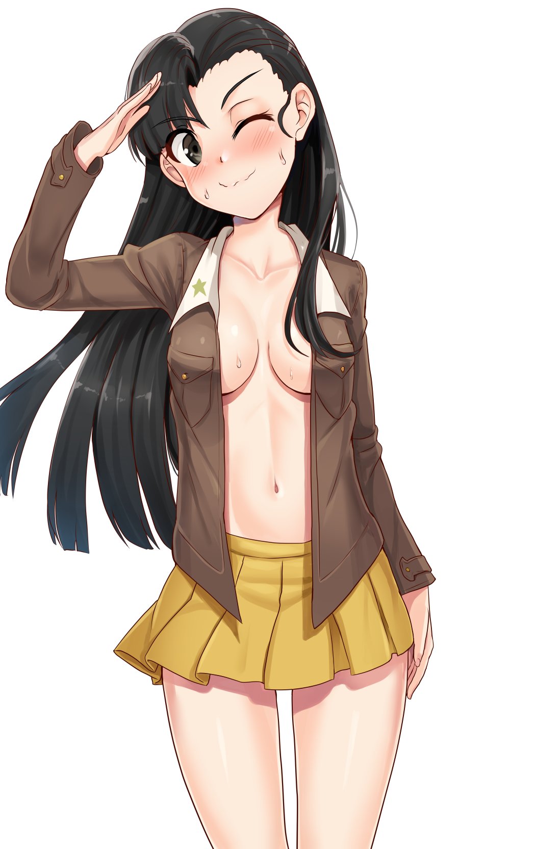 belly_button black_hair brown_hair chi-hatan_military_uniform embarrassed girls_und_panzer jacket long_hair nico-mo nishi_kinuyo one_eye_closed salute skirt tagme unbuttoned wink