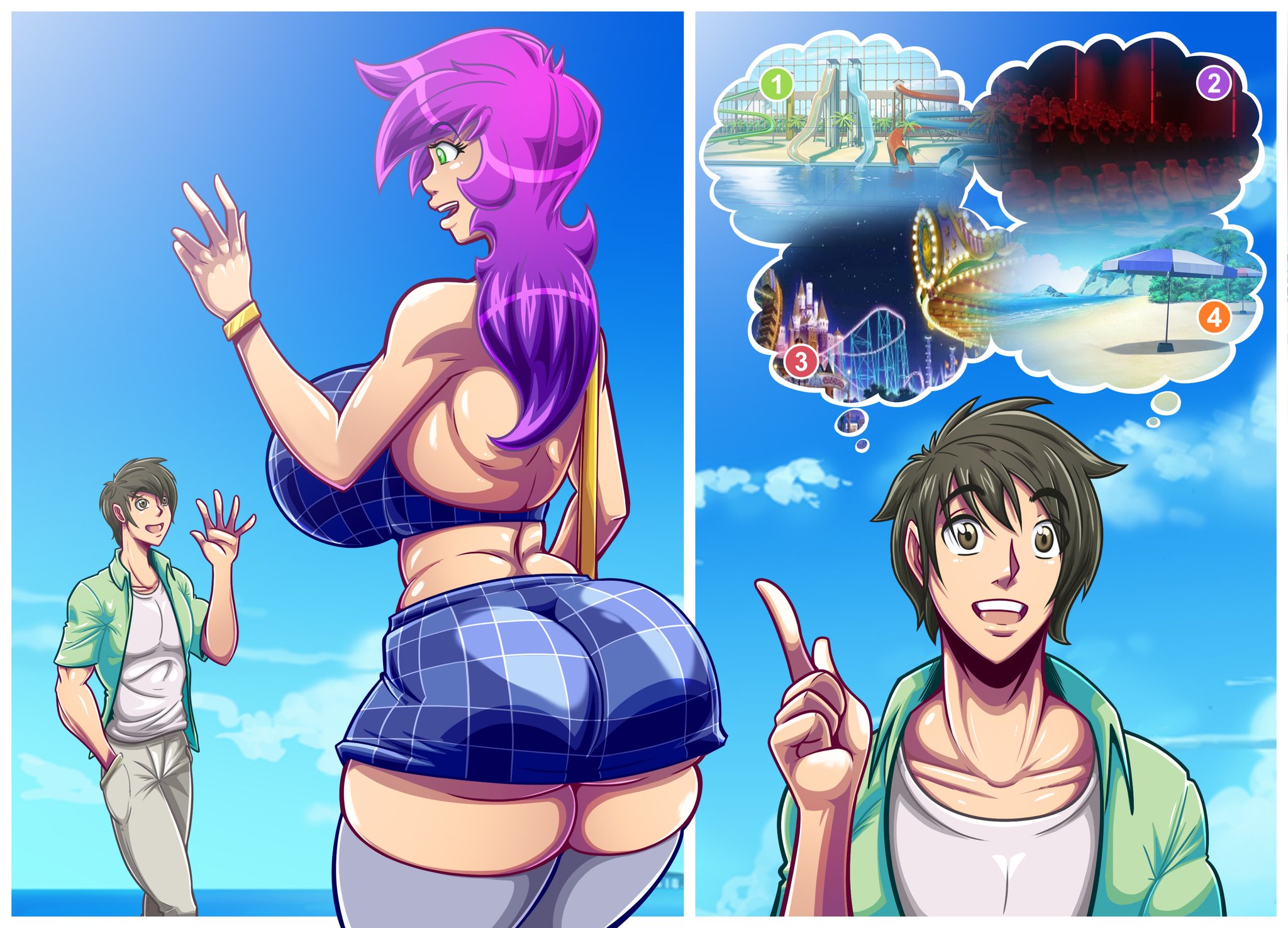 1boy, 1girls, ass, ass visible through thighs, big ass, big breasts, breasts, female, green eyes, hourglass figure, huge ass, huge breasts, kogeikun, long hair, male, muscular, muscular male, pink hair, purse, thick thighs, thighhighs, wendolin