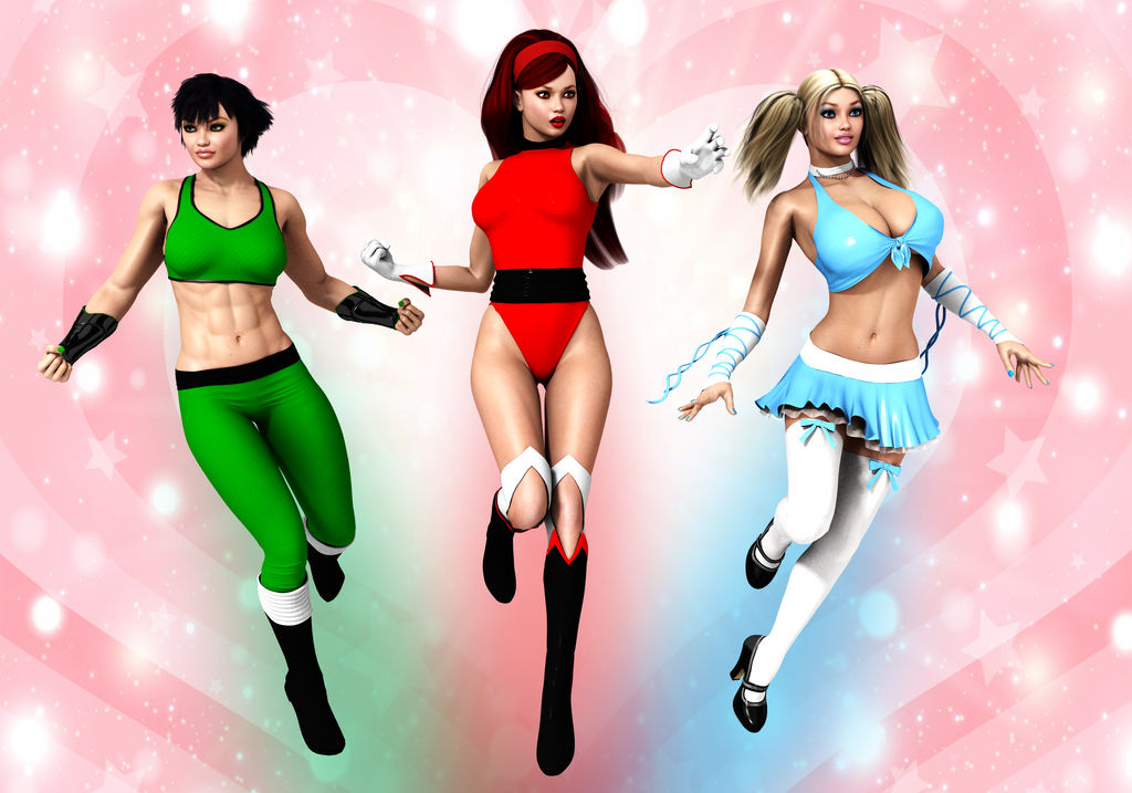 3girls bimbo blossom_(powerpuff_girls) boots bubbles_(powerpuff_girls) buttercup_(powerpuff_girls) crop_top dynamoob female_only gloves gym_uniform high_heels large_breasts leotard multiple_girls navel older powerpuff_girls superheroine tagme thighhighs