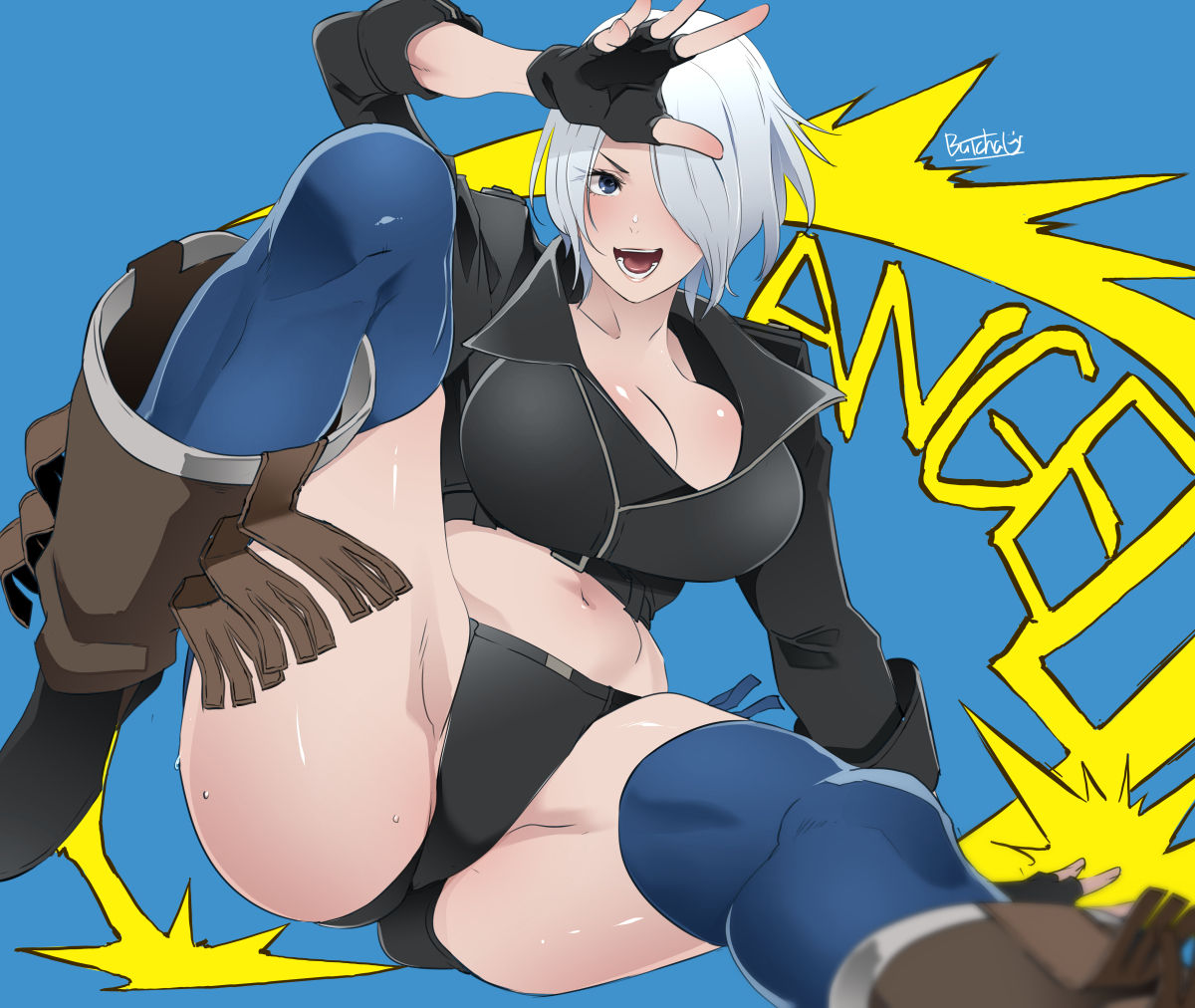 1girls, angel (kof), ass, ass visible through thighs, big breasts, blue eyes, boots, breasts, butcha-u, cleavage, clothed, female, female focus, female only, fingerless gloves, fully clothed, hair over one eye, king of fighters, short hair, short shorts, snk, stockings thigh highs, thigh socks, thighs, white hair