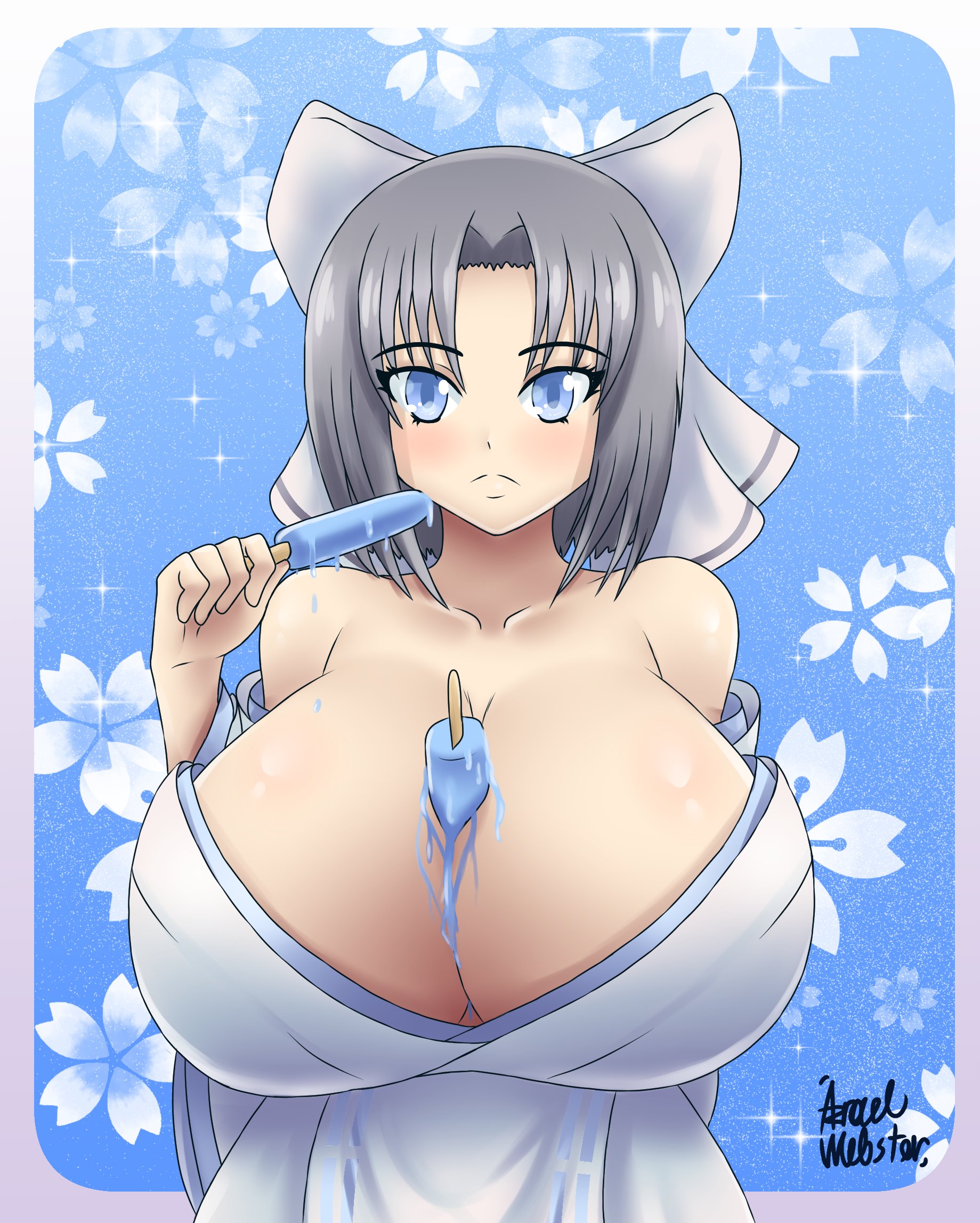 1girls, 2022, artist signature, azraelwebster, blue background, blue eyes, bow, bow in hair, breasts, cleavage, female, female only, food, grey hair, holding object, huge breasts, kimono, light blush, looking at viewer, object between breasts, open clothes, open kimono, popsicle, popsicle between breasts, popsicle melting, senran kagura, senran kagura (series), short hair, slim waist, white border, white kimono, wide hips, yumi (senran kagura)
