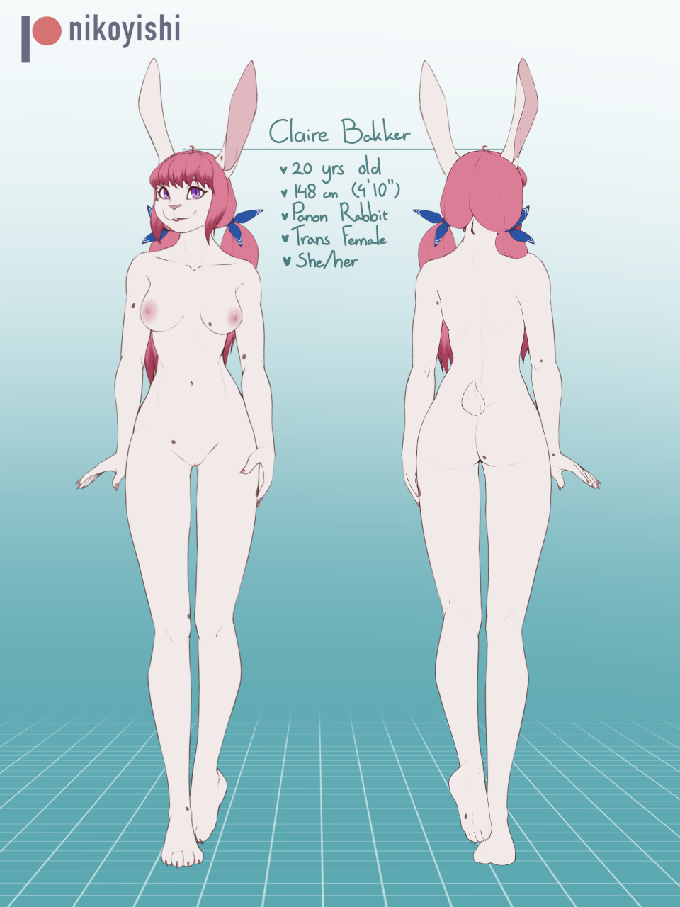 1girls 2021 3:4 accessory anthro ass breasts claire_(nikoyishi) conditional_dnp digital_media_(artwork) english_text female female_only fur genitals hair hair_accessory hair_ribbon hairbow hi_res lagomorph leporid long_ears looking_at_viewer mammal model_sheet nikoyishi nipples nude open_mouth panon_rabbit pink_hair purple_eyes pussy rabbit ribbons short slim smile solo standing text twintails white_body white_fur