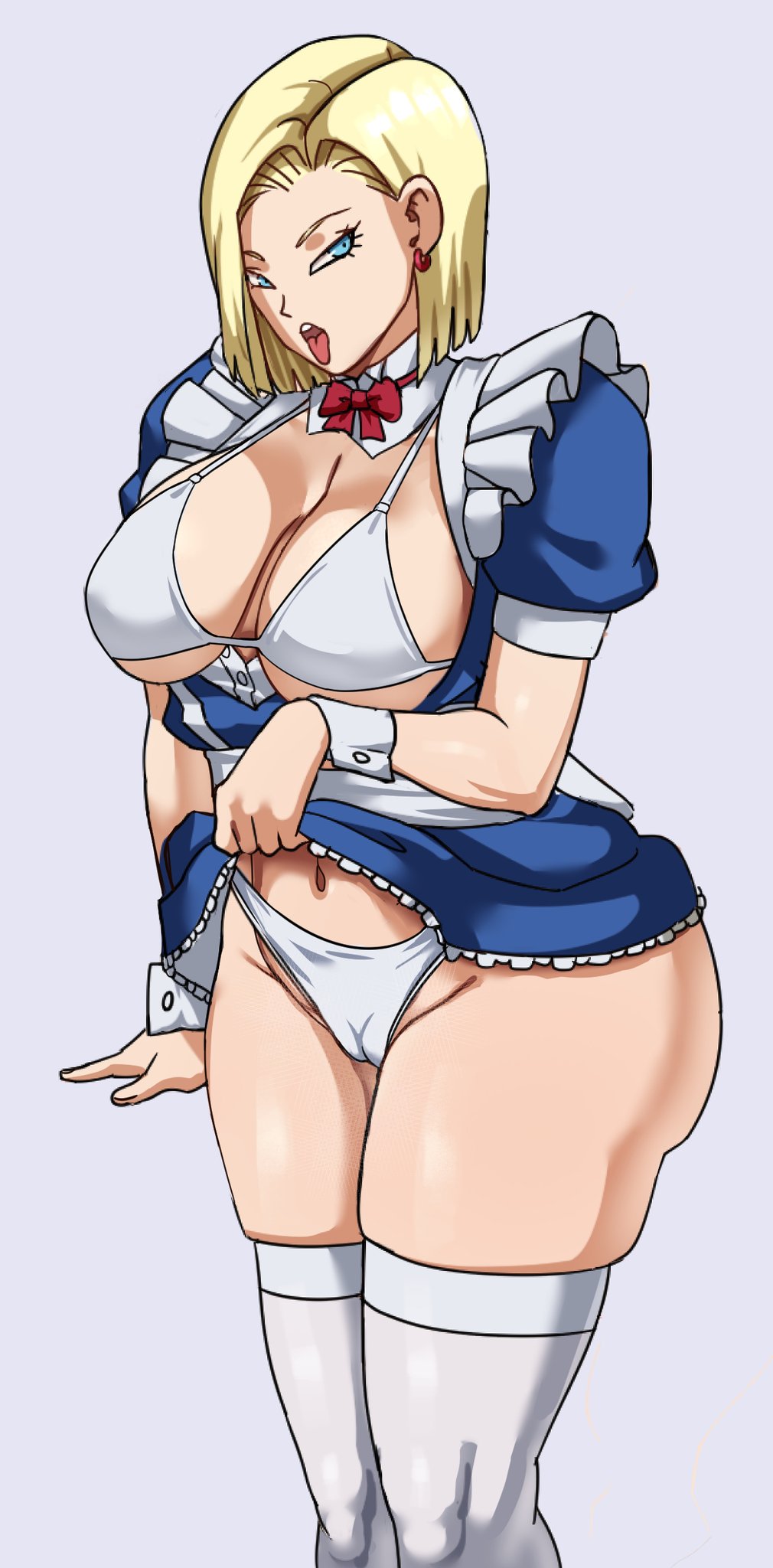 1girls, alternate version available, android 18, ass, blonde hair, blue skirt, blush, breasts, cameltoe, clothing aside, dragon ball, female, huge ass, huge breasts, looking away, maid, maid headdress, maid uniform, miniskirt, panties, pinkpawg, pussy, red earrings, short hair, shounen jump, skirt, skirt lift, source request, thick thighs, tongue, tongue out, underwear, voluptuous female, white bra, white legwear, white panties, white stockings