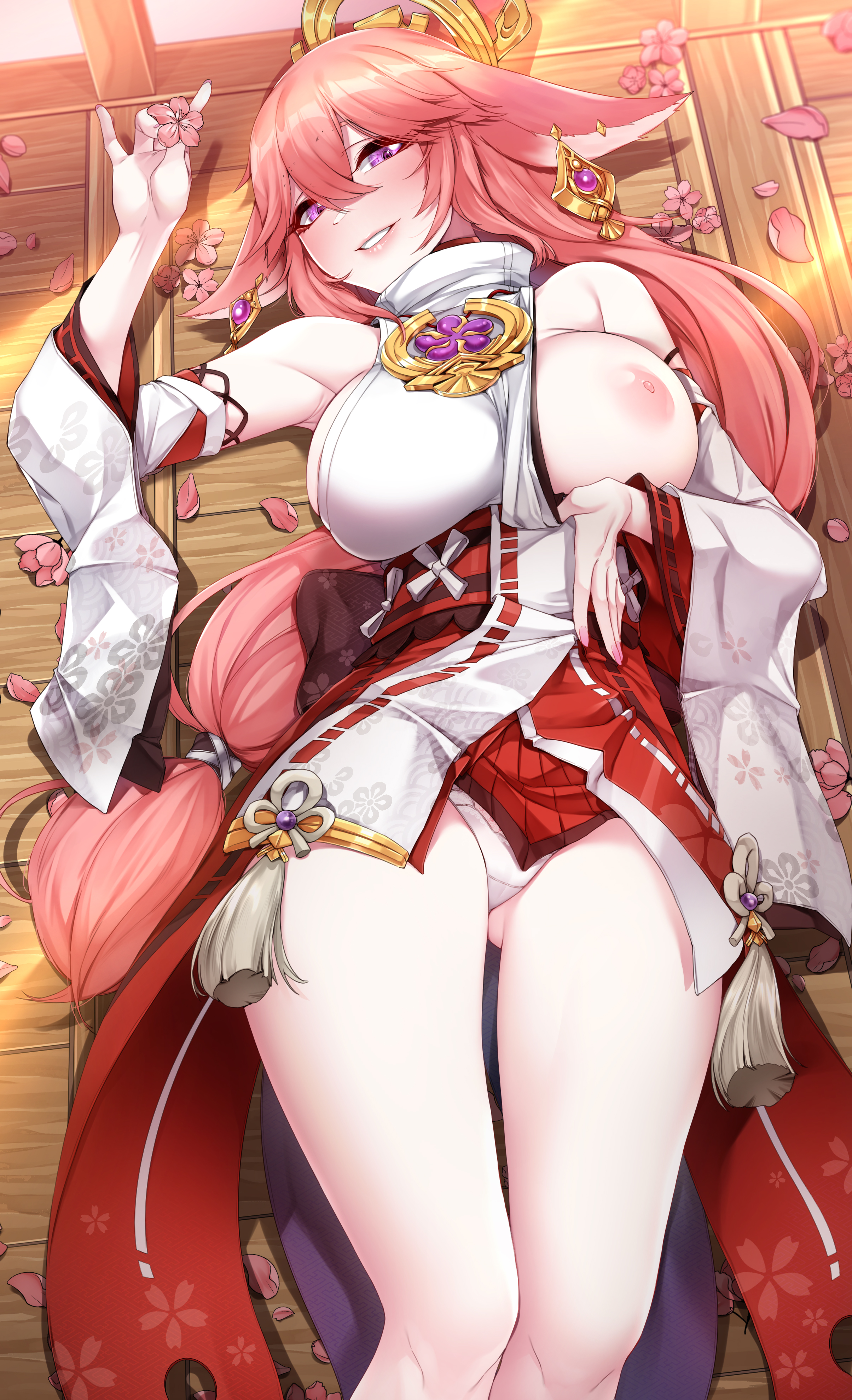 1girls, 2022, akchu, areolae, blush, breasts, cherry blossoms, clothed female, detached sleeves, ear piercing, female, female only, flower petals, fox ears, fox girl, genshin impact, hair ornament, highres, hips, huge breasts, indoors, kitsune, large areolae, long hair, looking at viewer, lying on back, miko, nipples, one breast out, panties, pink hair, png, purple eyes, shrine maiden, slim waist, smile, thick thighs, thighs, very high resolution, white panties, wide hips, wooden floor, yae miko