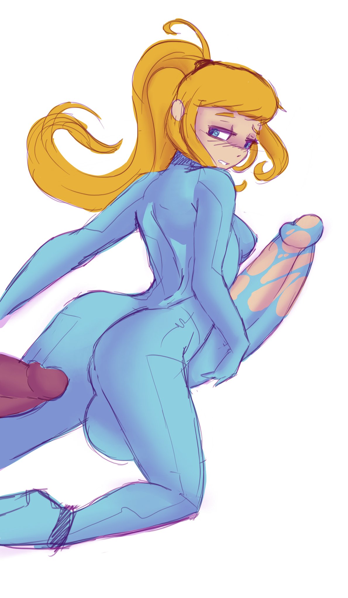 1futa, back, back view, backboob, balls, blue eyes, bodysuit, breasts, clothed, clothing, color, futa only, futanari, genital growth, huge balls, huge cock, huge penis, huge testicles, human, intersex, izzybsides, large balls, large testicles, light skin, light-skinned futa, long hair, looking back, medium breasts, metroid, mostly clothed, pale skin, penis, penis growth, penis hold, samus aran, sketch, solo, testicles, tight clothing, torn clothes