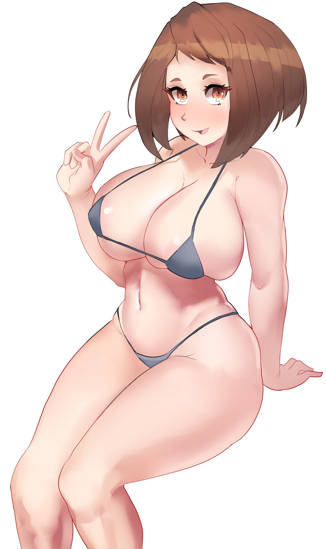 areola areola_slip areolae bare_shoulders big_breasts bikini breasts brown_hair large_breasts looking_at_viewer micro_bikini my_hero_academia navel ochako_uraraka open_mouth short_hair sitting sivildreams solo solo_female v_sign