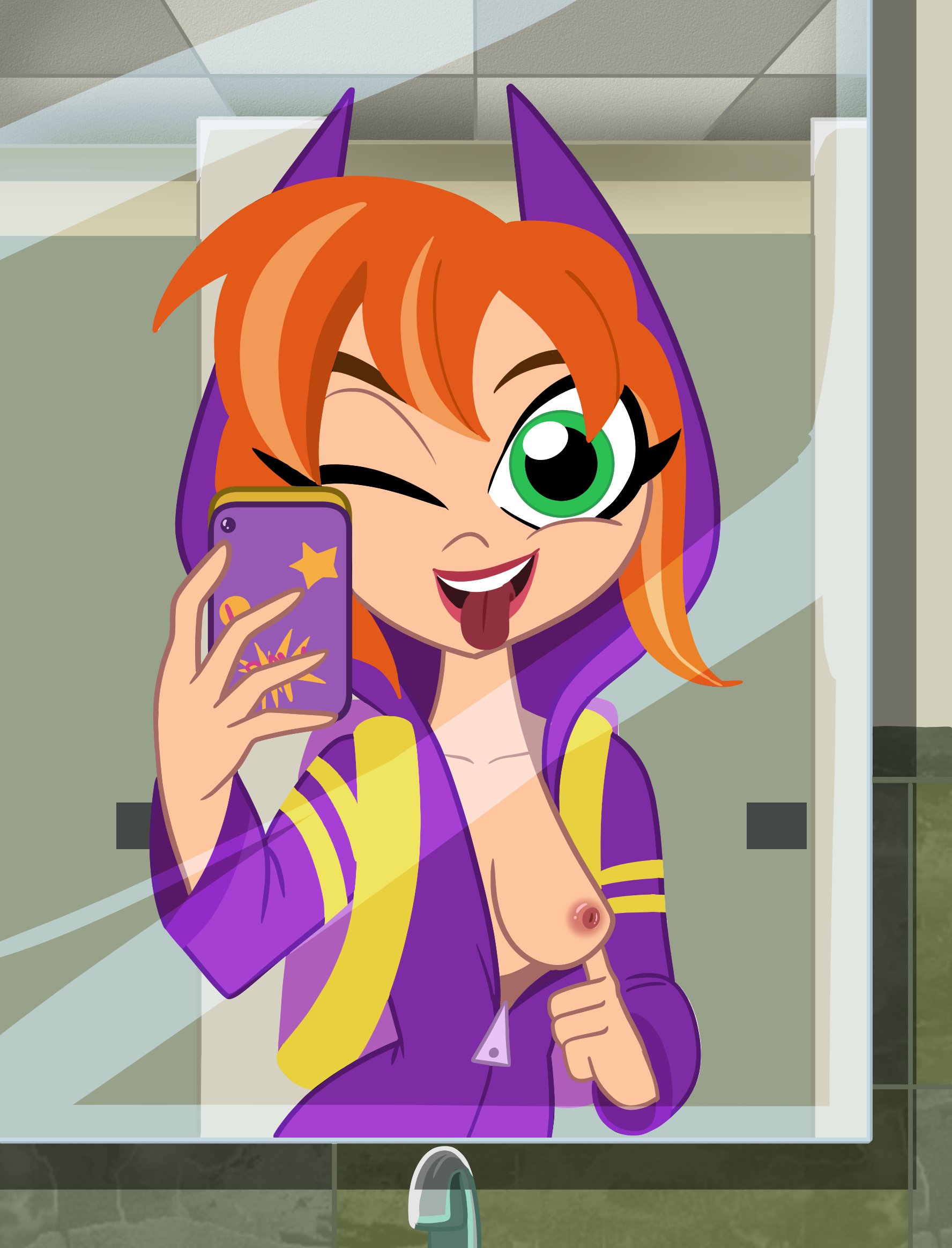 ;p, 1girls, barbara gordon, bathroom, breasts, dc, dc comics, dc super hero girls, exhibitionism, female, female only, flashing, flashing breasts, ginger, green eyes, hentainador, hoodie, mirror selfie, no bra, phone, selfie, solo, tongue, tongue out, wink