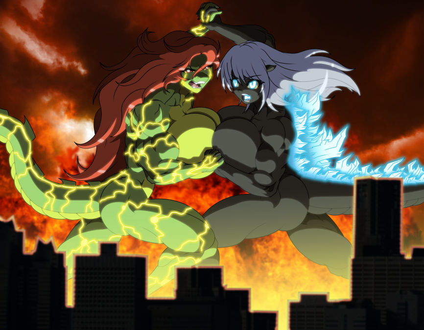 2girls big_breasts breast_to_breast breasts busty city desingahv female fight giantess godzilla godzilla_(series) kaiju_girl macro monster monster_girl muscular muscular_female toho