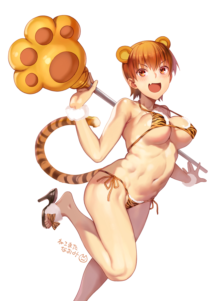 1girls :d animal_ears animal_print bikini black_footwear blush breasts commentary_request extra_ears fate/grand_order fate_(series) female female_only fujimura_taiga high_heels highres jaguarman_(fate) large_breasts looking_at_viewer micro_bikini navel nekomata_naomi oerba_yun_fang open_mouth orange_eyes orange_hair paw_stick print_bikini ribs shoes short_hair side-tie_bikini simple_background skin_fang smile solo string_bikini swimsuit tail tiger_ears tiger_print tiger_tail v-shaped_eyebrows very_short_hair white_background year_of_the_tiger